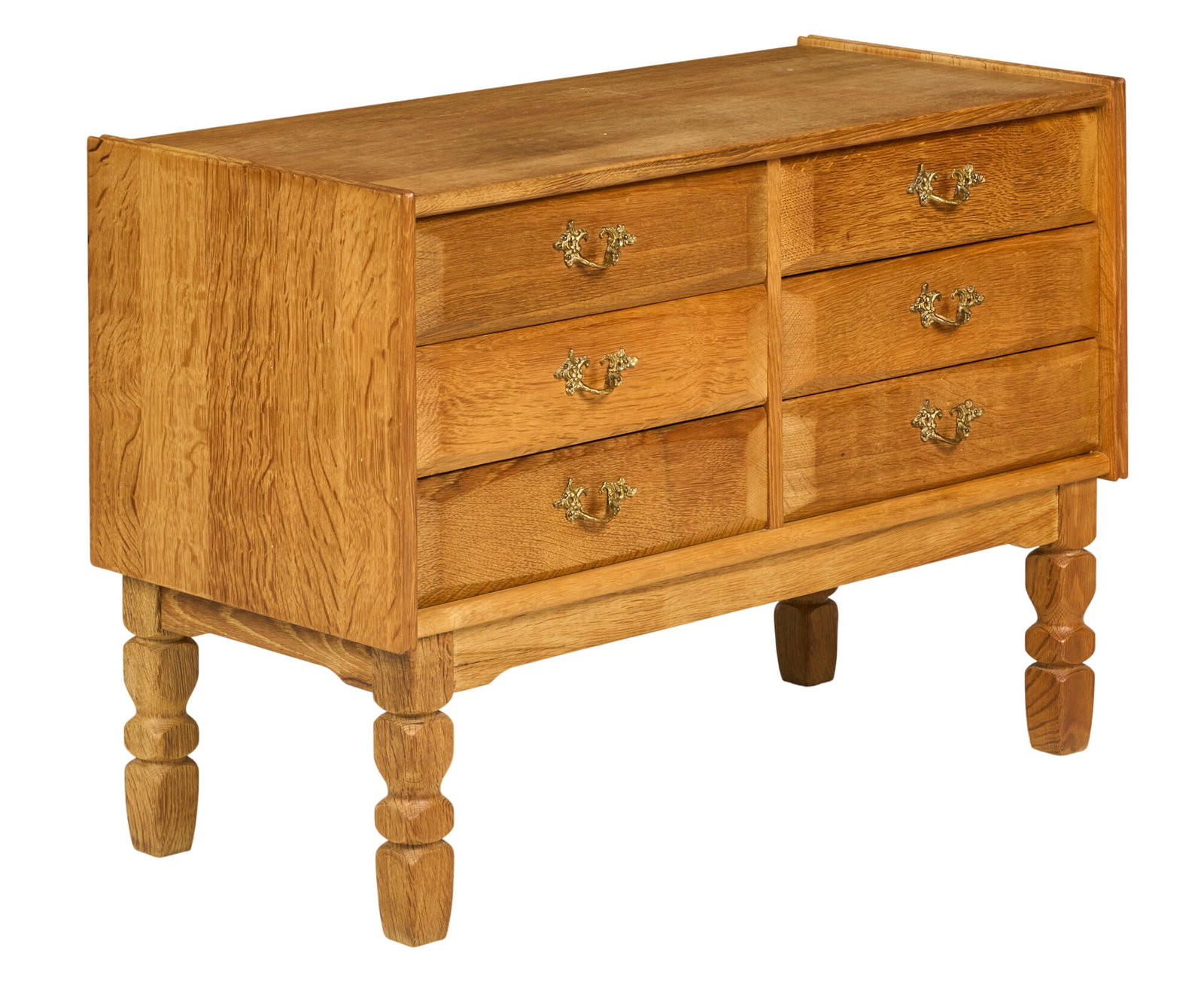 Danish Mid-Century Chest of Drawers: Danish mid-century chest of six drawers, supported on faceted block legs height 25 in. x width 35.5 in. x depth 16.5 in. 