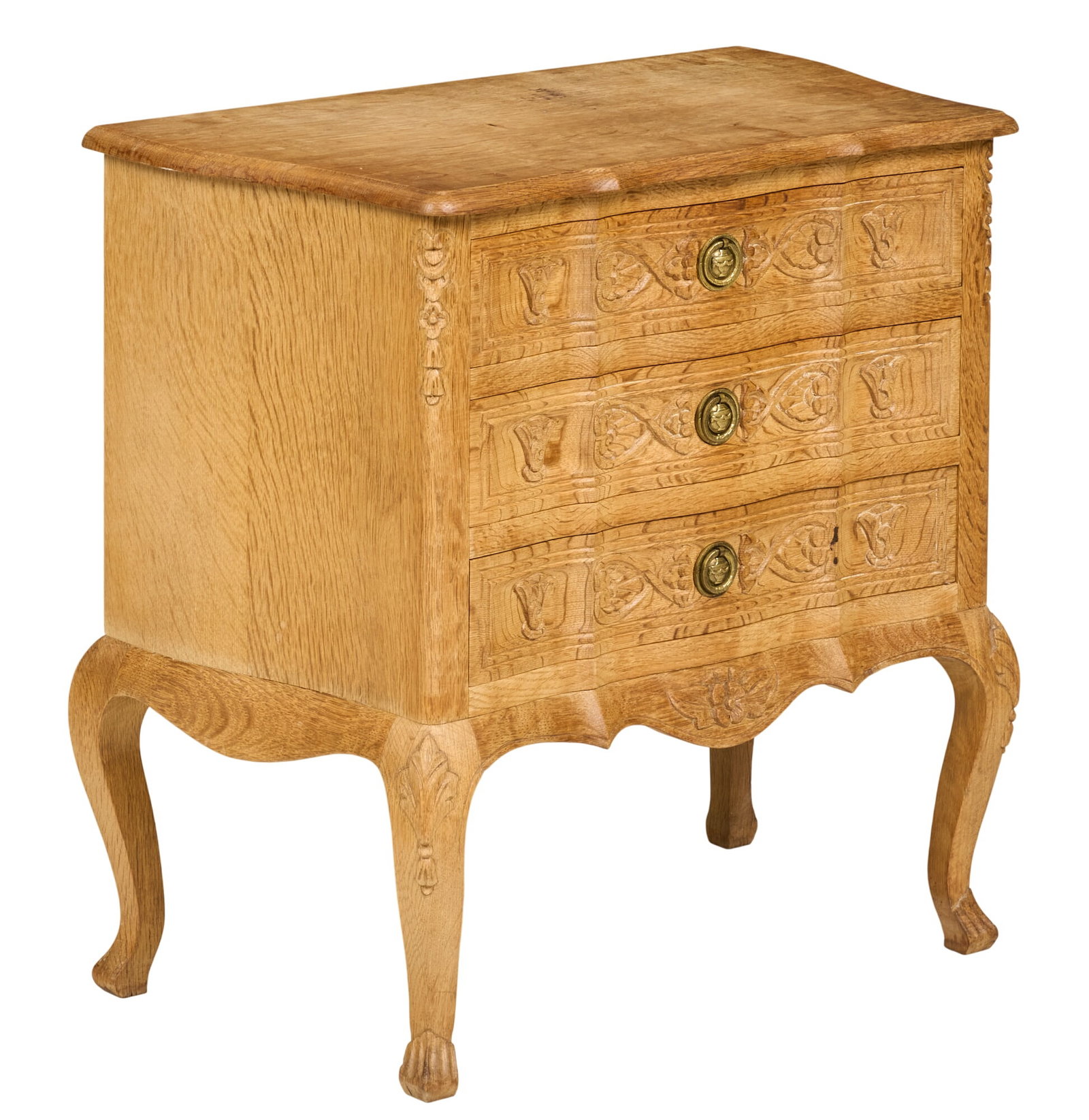 Danish Mid-Century Side Table: Danish mid-century side table with three drawers with brass ring pulls, and cabriole legs height 25.5 in. x width 26 in. x depth 14.5 in. 