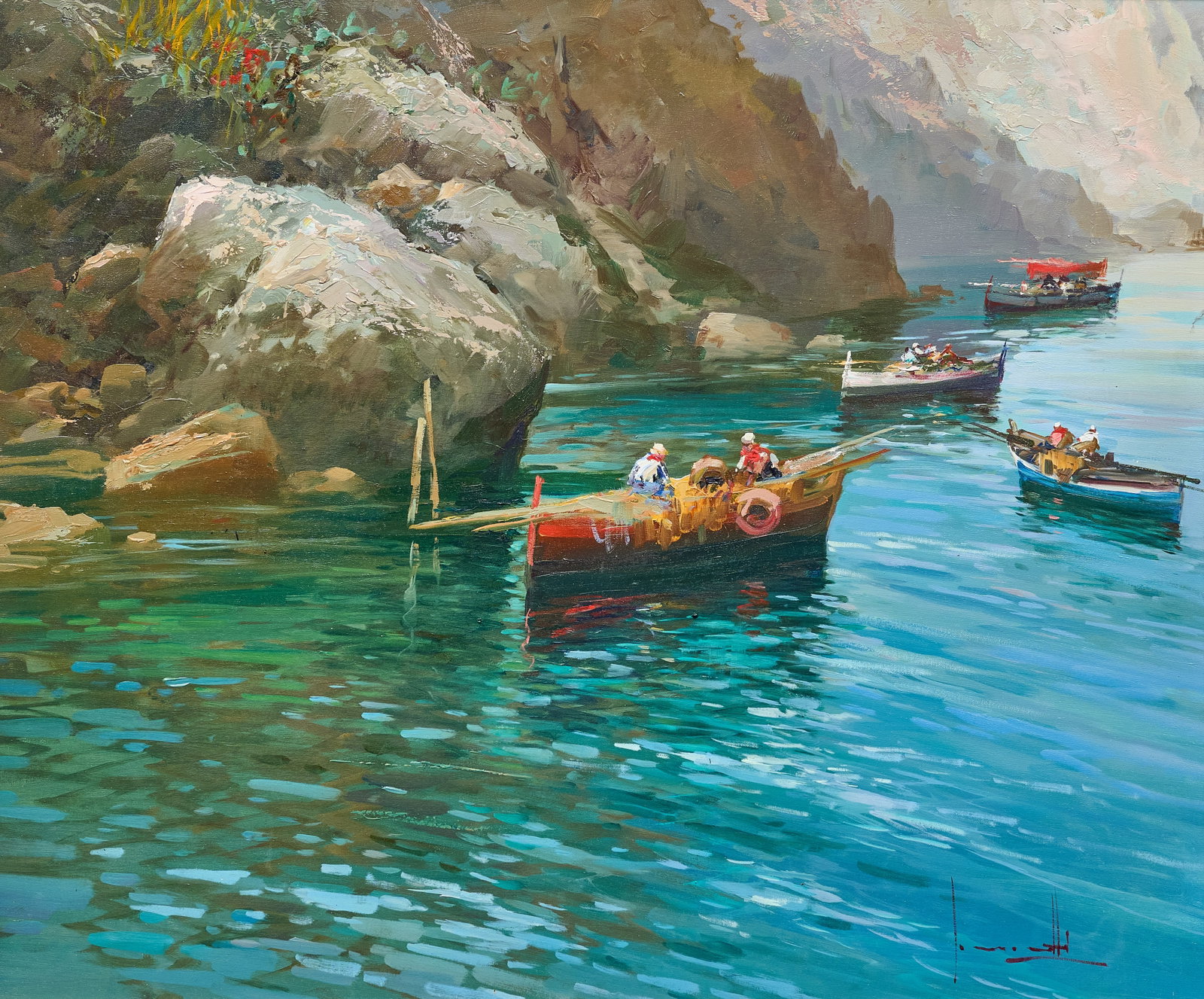 Claudio Simonetti, Coastal Scene: Claudio Simonetti (Italy, b. 1929), Mediterranean coastal scene with fishing boats, oil on canvas, signed lower right sight: 20 x 24 in., frame: 29 x 33 in. Provenance: Property from a home in