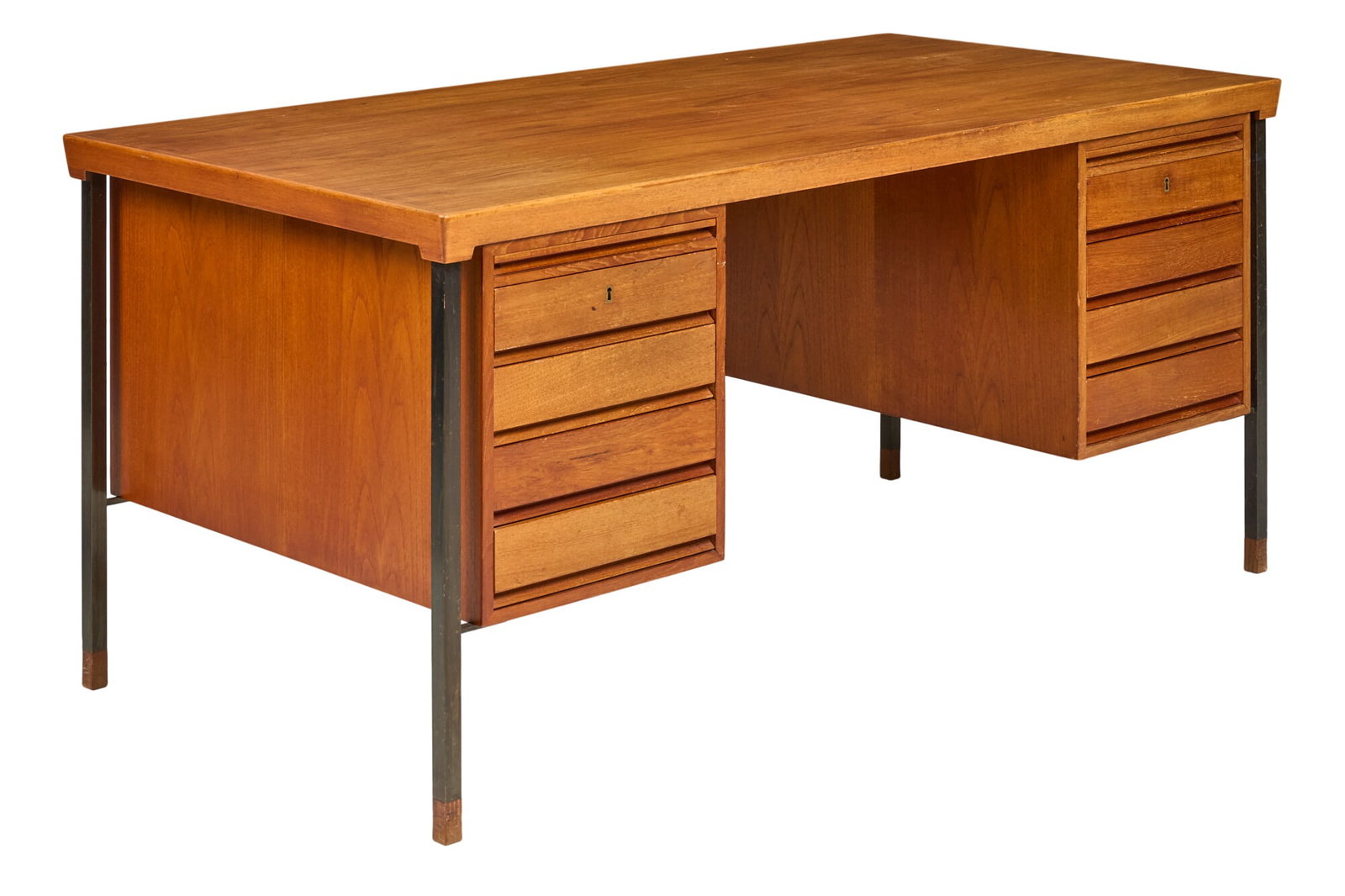 Danish Mid-Century Desk: Danish mid-century desk with twin stacks of drawers, with key, and extending felt-lined surfaces, supported on metal legs height 28.5 in. x width 63 in. x depth 31.5 in. 