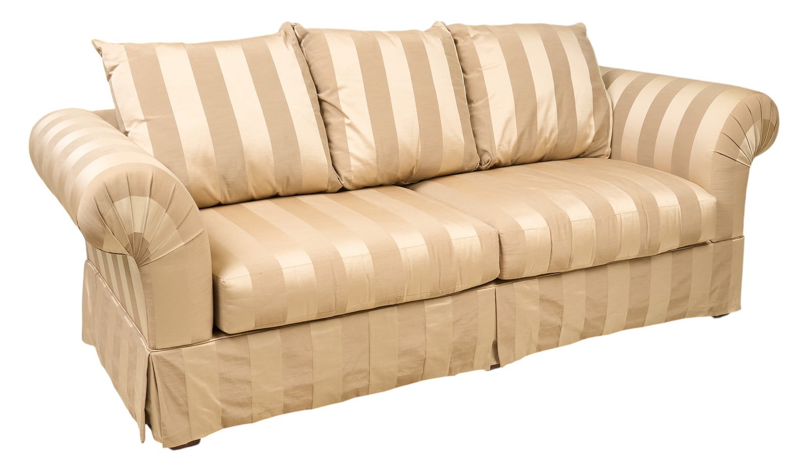 Striped Upholstered Sofa: Three-seater sofa upholstered in a striped fabric, with removable cushions and rolled arms, and a skirted base height 38 in. x width 94 in. x depth 39 in. Provenance: Property from the Estate of