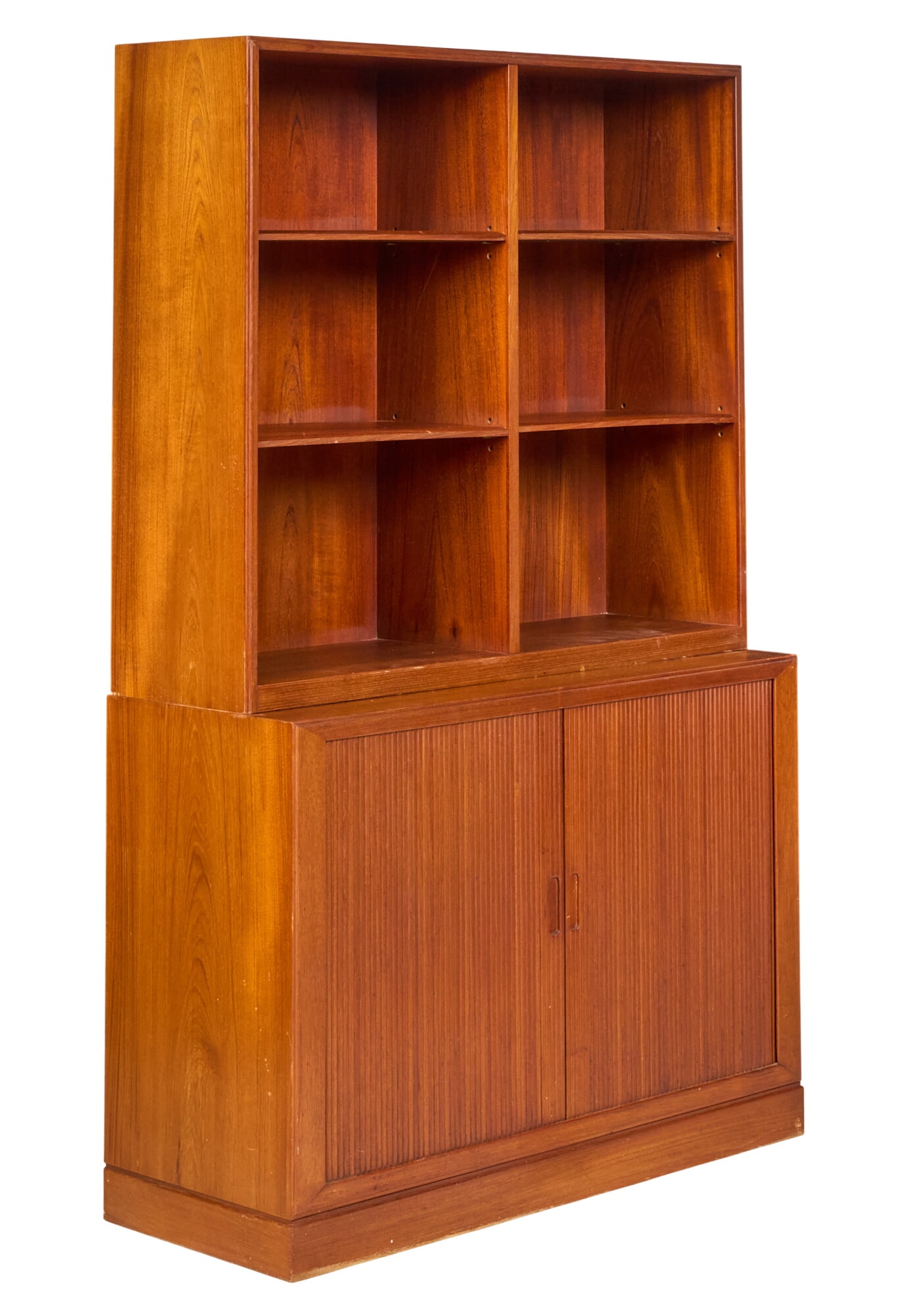 Danish Mid-Century Bookcase: Danish mid-century bookcase with top section with adjustable shelves supported on base with tambour cabinets height 62 in. x width 39 in. x depth 15 in. 