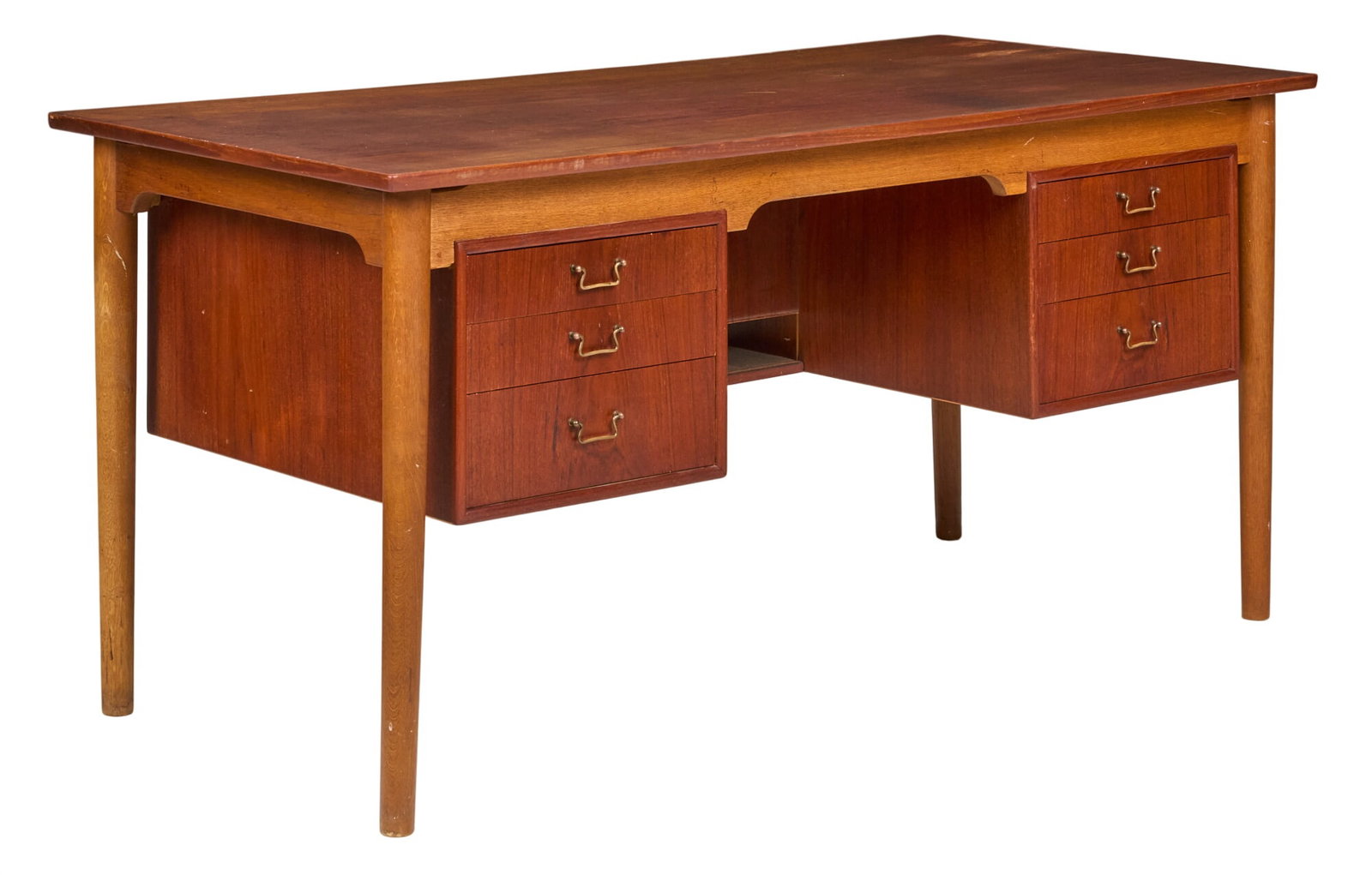 Danish Mid-Century Desk: Danish mid-century desk with twin stacks of drawers with brass pulls, supported on tubular legs height 29.5 in. x width 61 in. x depth 29.5 in. 