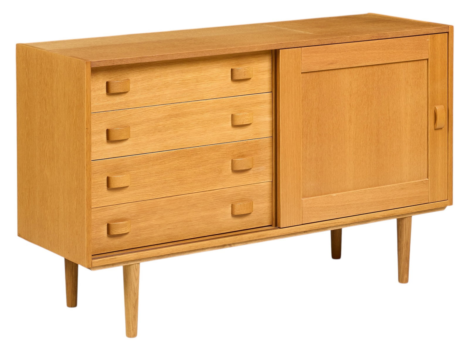 Domino Mobler Mid-Century Credenza: Domino Mobler (Denmark) mid-century credenza with drawers and sliding door cabinet, supported on pin legs, marked with label on back height 29 in. x width 48 in. x depth 15.5 in. 