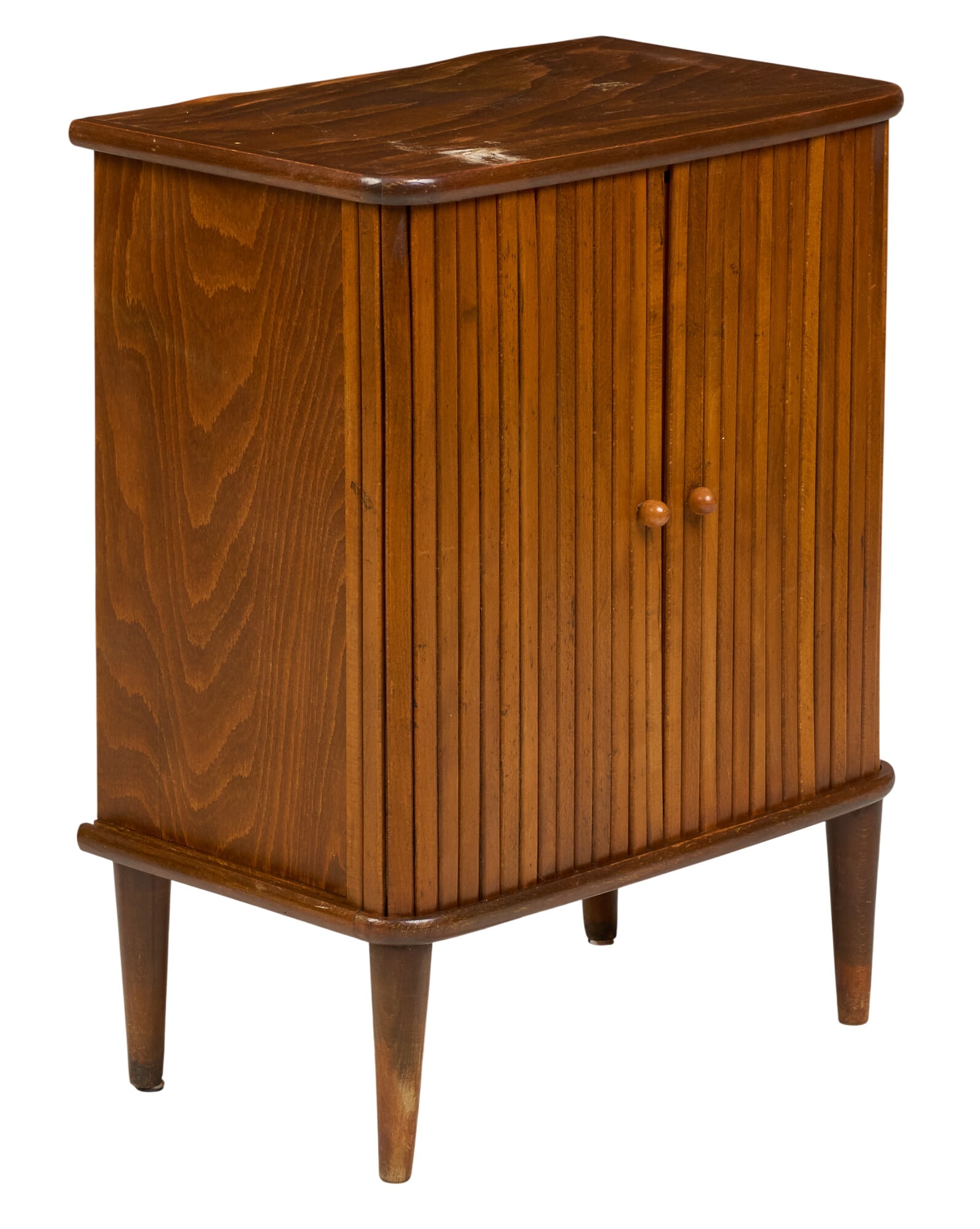 Danish Mid-Century Tambour Cabinet: Danish mid-century tambour cabinet with single shelf, supported on pin legs height 28.5 in. x width 21.5 in. x depth 13 in. 