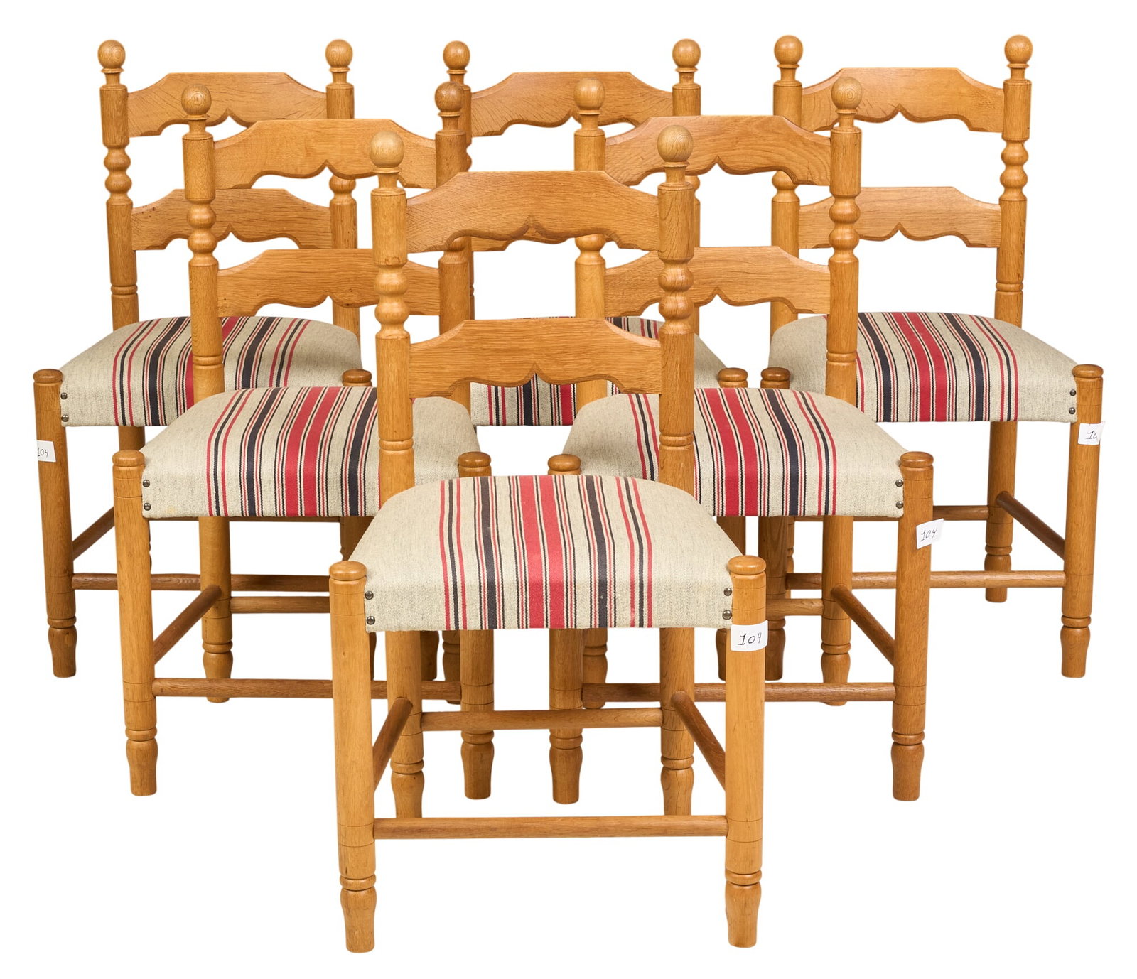 (6) Danish Mid-Century Dining Chairs: Danish mid-century ladderback dining chairs with striped upholstery, supported on tubular legs height 36 in. x width 17 in. x depth 16 in. / each 