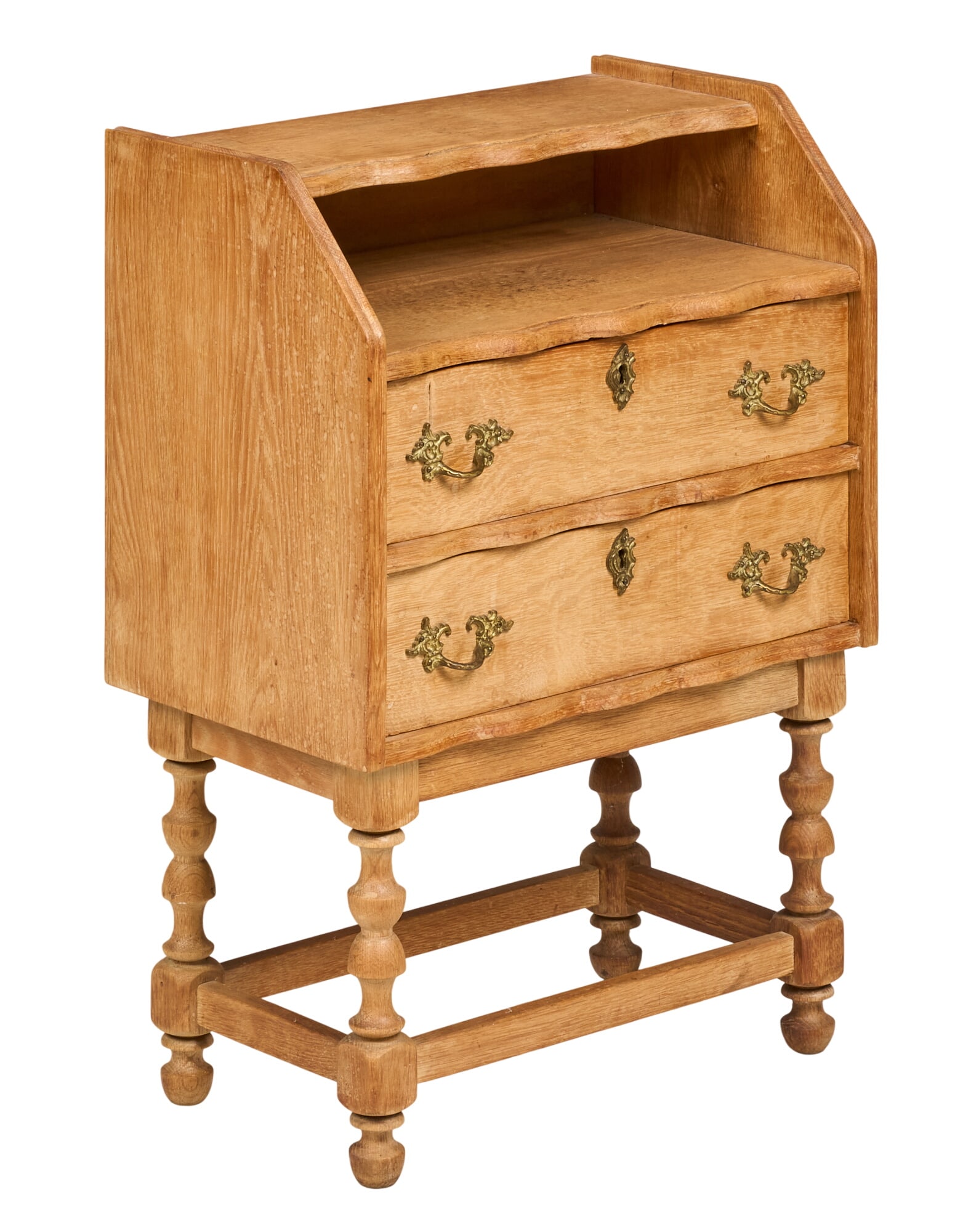 Henning Kjaernulf, Mid-Century Side Table: Henning Kjaernulf (Denmark) oak mid-century side table with drawers with decorative brass handles, supported on turned legs height 28 in. x width 19 in. x depth 12 in. 28 x 19 x 12
