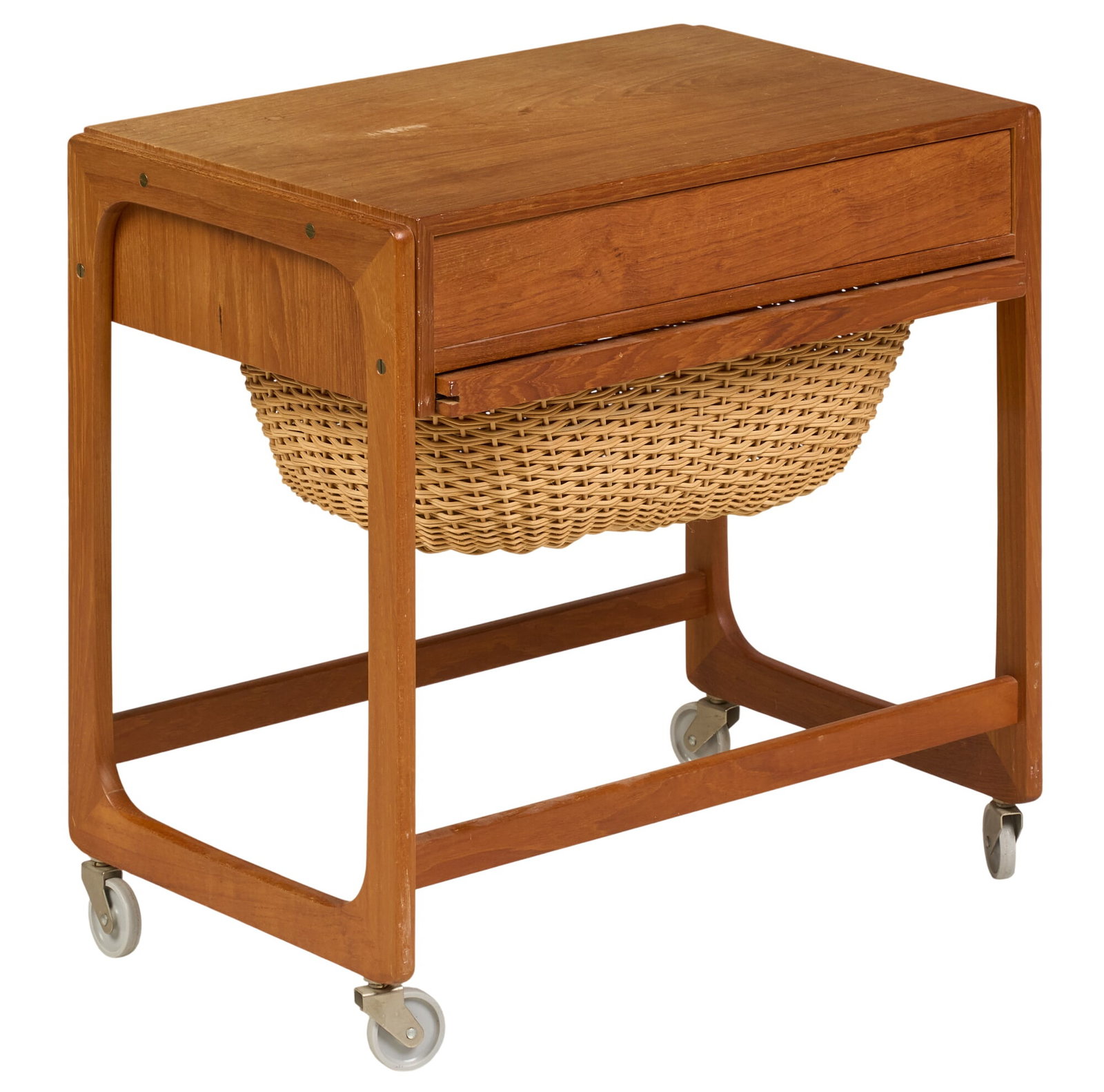 Danish Mid-Century Sewing Table: Danish mid-century sewing table supported on casters height 21 in. x width 21 in. x depth 14 in. 