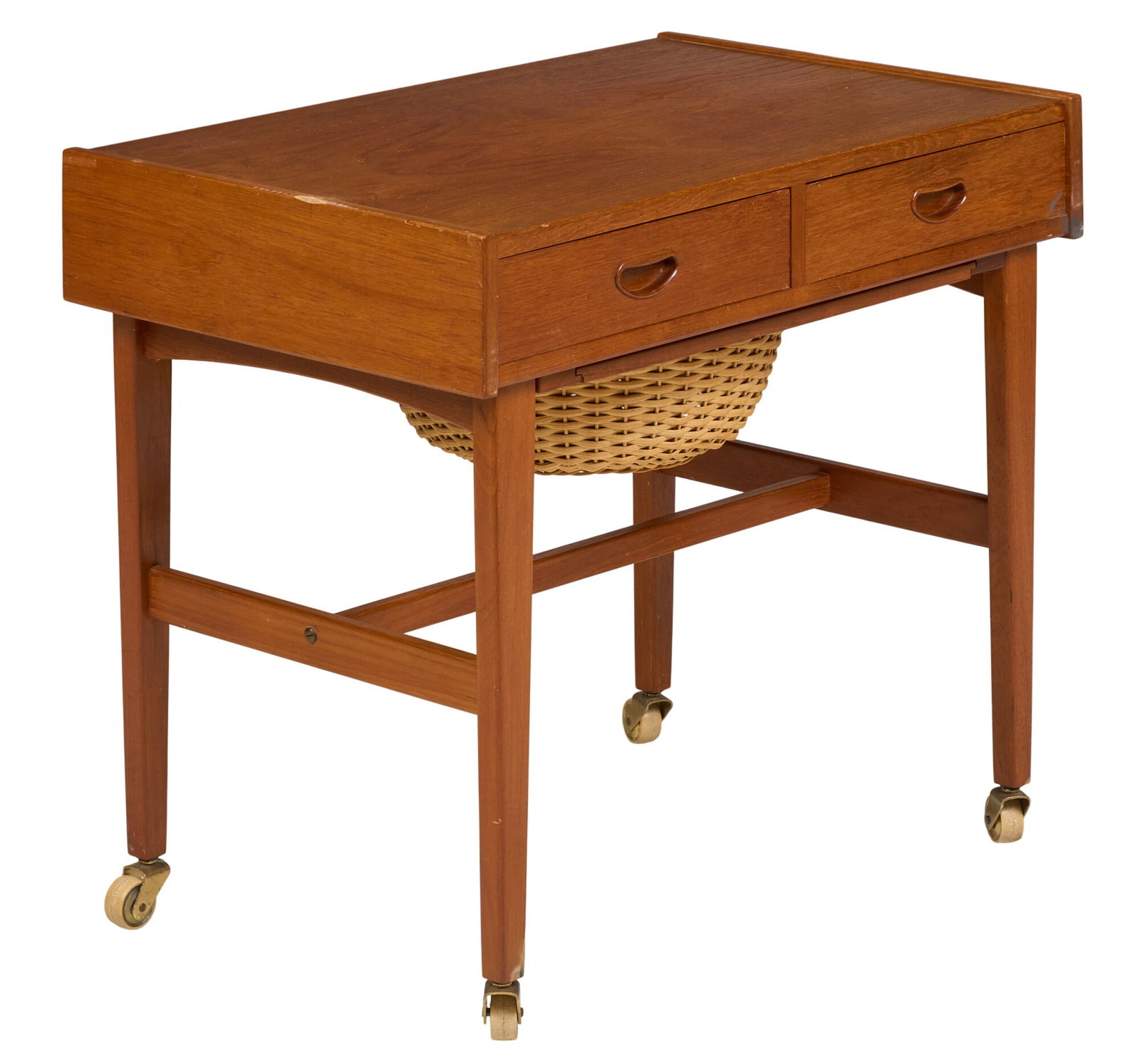 Danish Mid-Century Sewing Table: Danish mid-century sewing table supported on casters height 24 in. x width 27 in. x depth 17.5 in. 