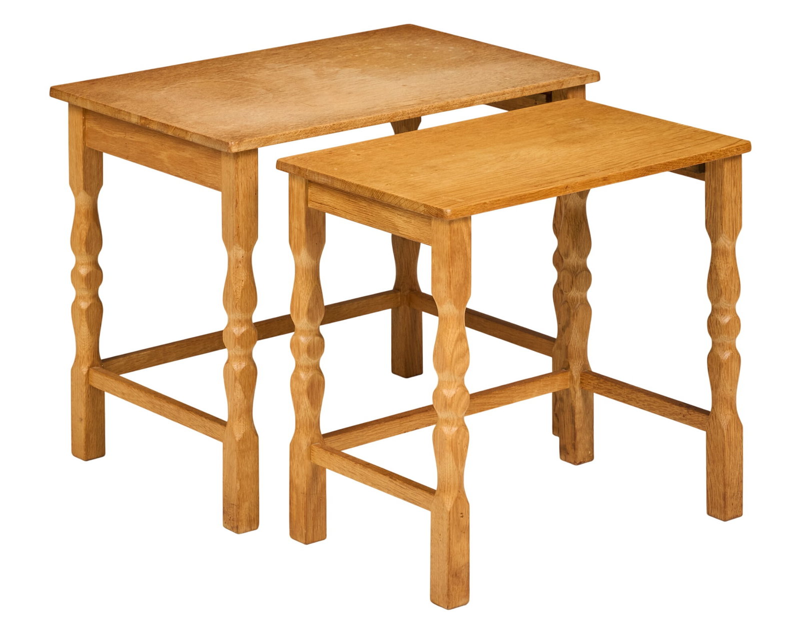 (2) Danish Mid-Century Nesting Tables: Two Danish mid-century nesting tables with turned legs height 19 in. x width 23.5 in. x depth 16 in. / largest 