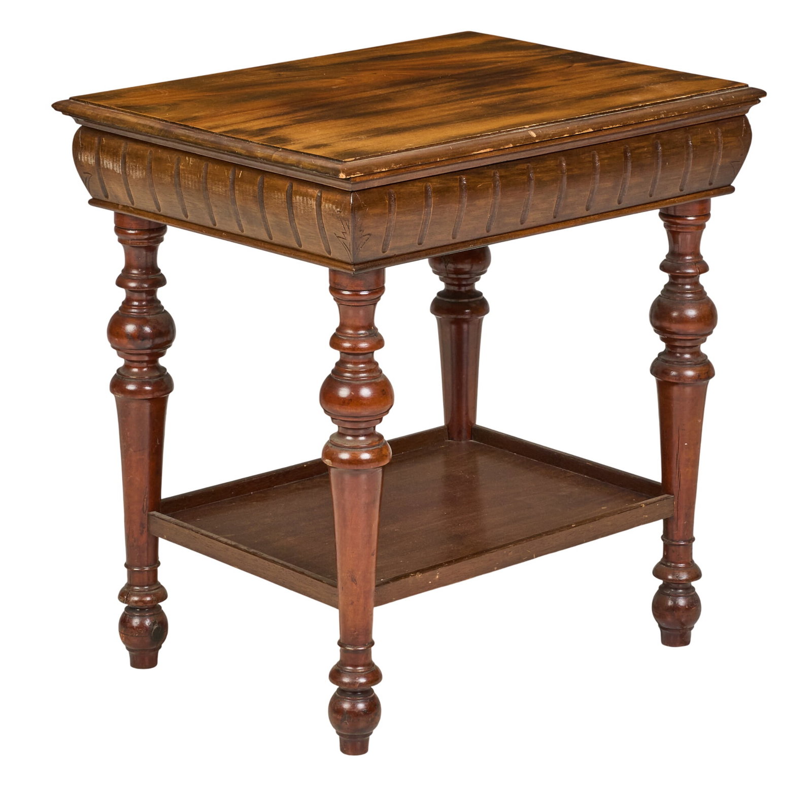 Danish Mid-Century Turned Table: Danish mid-century side table with turned legs and ribbed carvings height 25 in. x width 25 in. x depth 19.5 in. 
