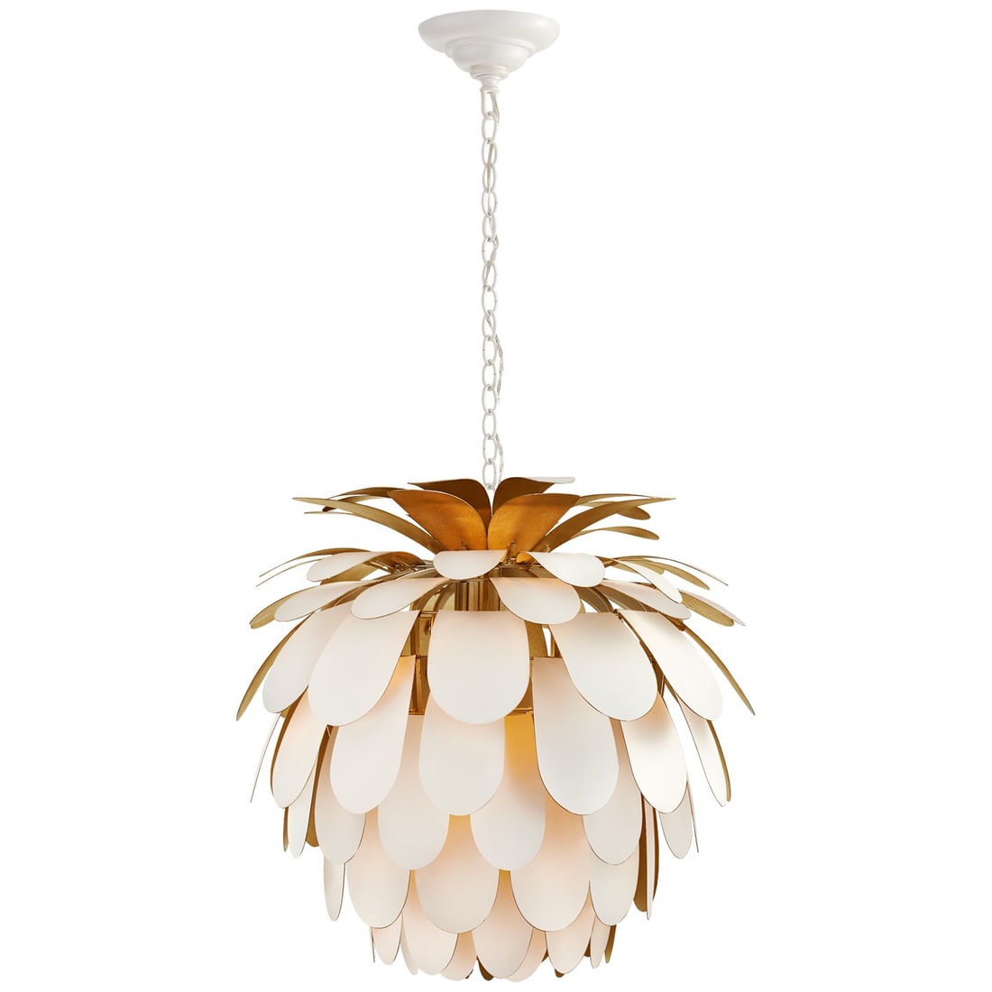 Cynara Chandelier: Cynara Pendant chandelier by Visual Comfort, with gold-painted steel frame decorated with gold and white petals height 21.5 in. x width 22.5 in. x depth 22.5 in. Property from a home in San Antonio,