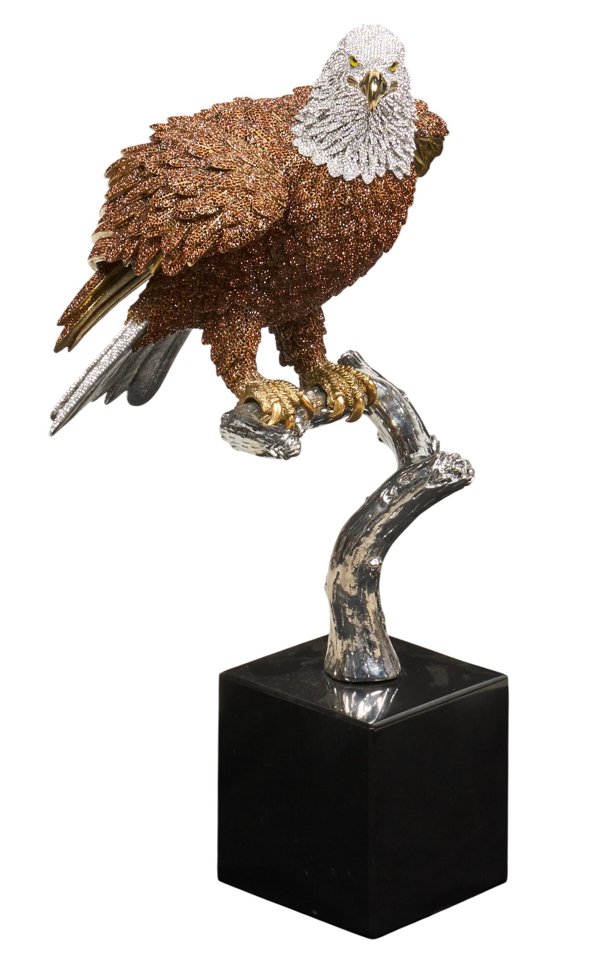 Clarita Brinkerhoff, Swarovski Bald Eagle Sculpture: Clarita Brinkerhoff (Columbia, b. 1966) for Swarovksi American Bald Eagle sculpture, mixed media decorated with Swarovski crystals, on black stone base height 25 in. x width 10 in. x depth