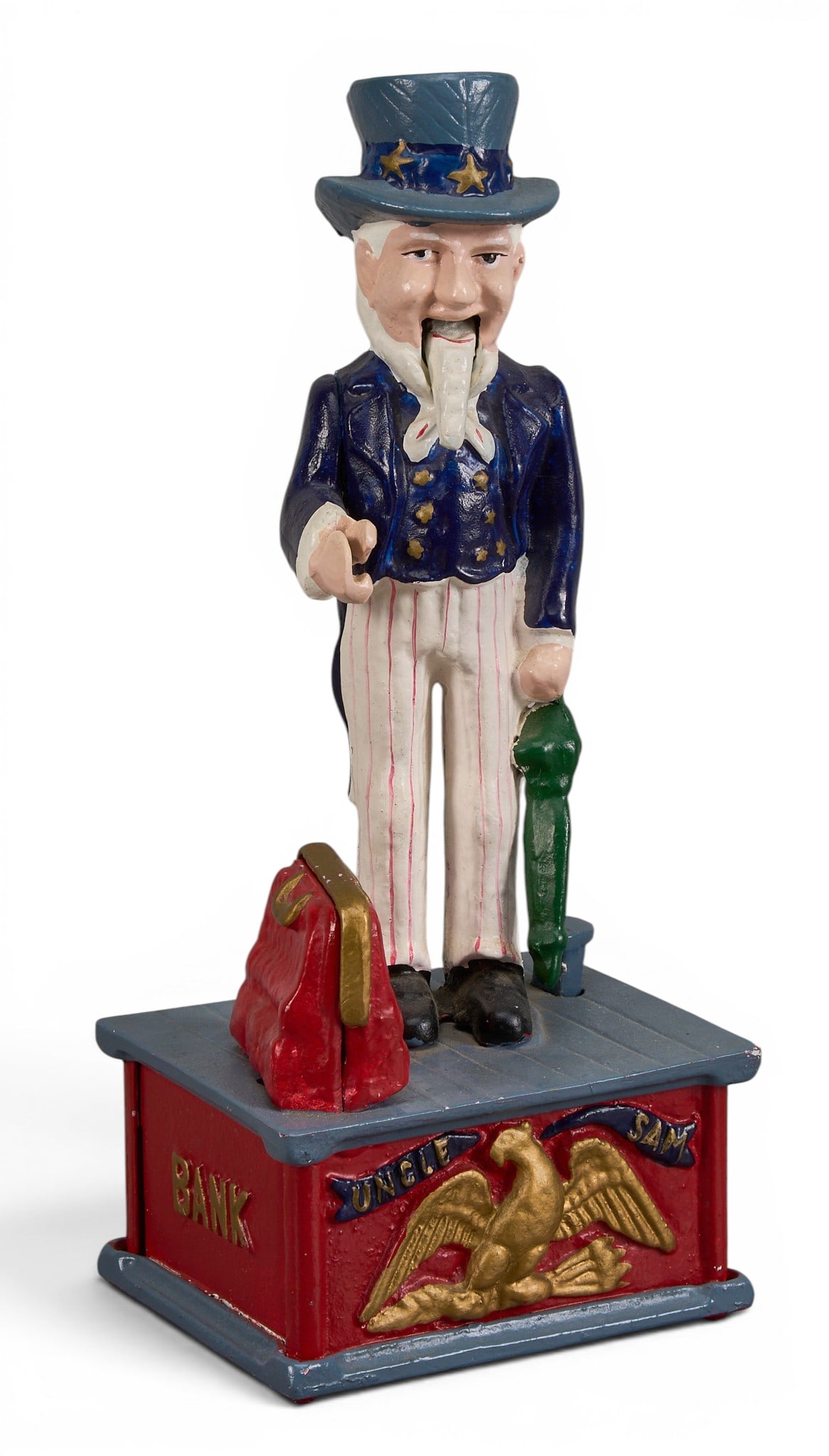 Vintage Iron Uncle Sam Bank: Vintage painted cast iron coin bank reproduction depicting Uncle Sam height 10.5 in. x width 4.5 in. x depth 3.5 in. Provenance: Property from a home in San Antonio, Texas