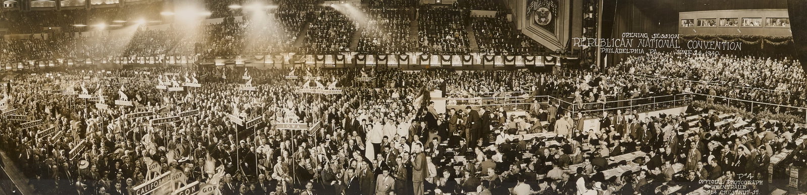 1940 Republican National Convention Photograph: Vintage photograph of the "Opening Session: Republican National Convention" in Philadelphia, PA, June 24, 1940, with inscription reading "P#4 / Official Photograph / Weintraub / 914