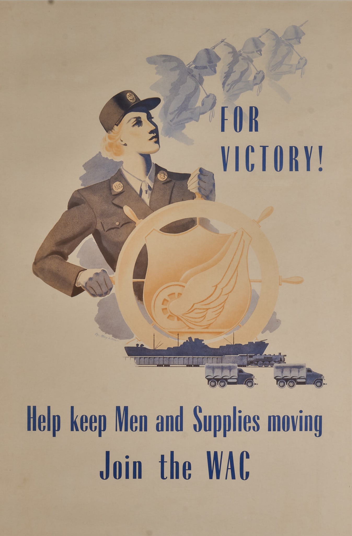 "For Victory!" World War II Poster: Vintage period World War II WAC recruitment poster, "For Victory! Help keep Men and Supplies moving / Join the WAC" (The Women's Army Auxiliary Corps (WAAC) was established in 1942 and