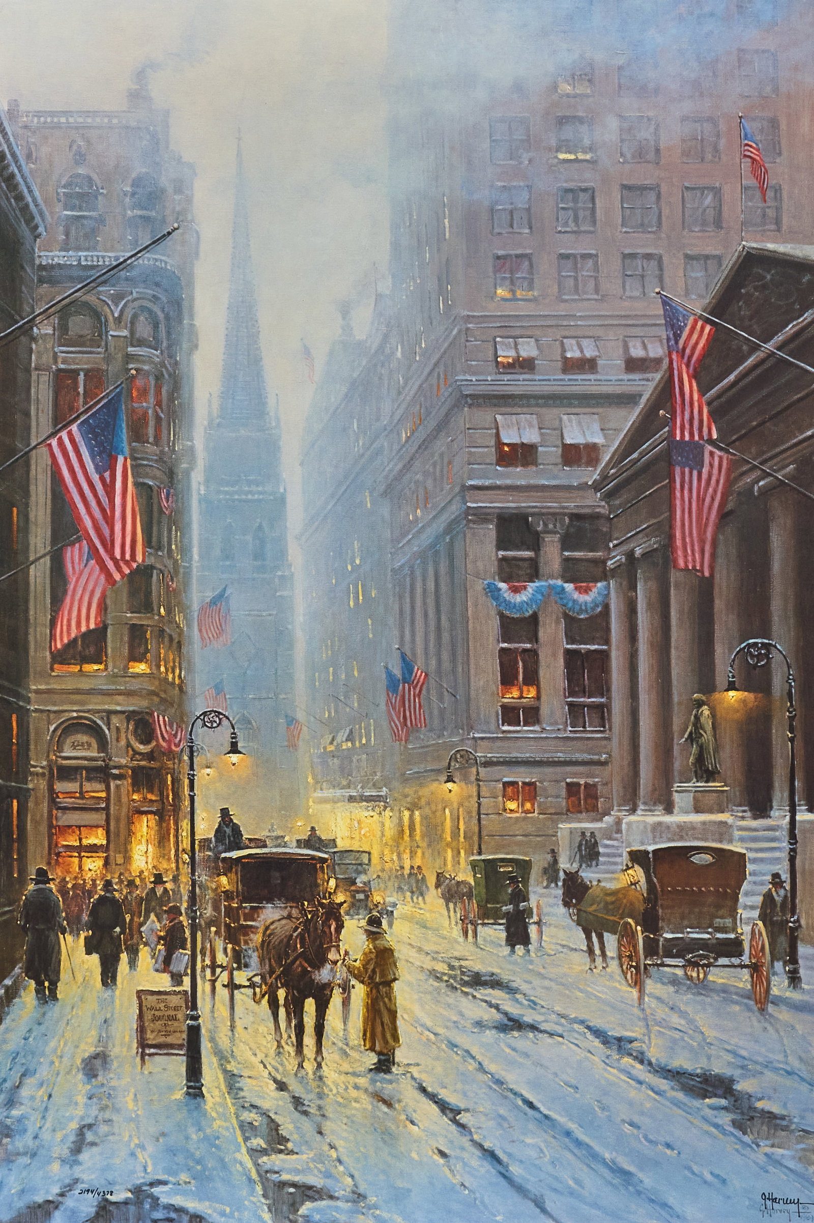 G. Harvey, "Wall Street, New York": G. Harvey (Gerald Harvey Jones, Texas, 1933-2017), "Wall Street, New York", limited edition lithograph, signed and numbered lower right, ed. 2/94 sight: 30 x 20 in., frame: 35 x
