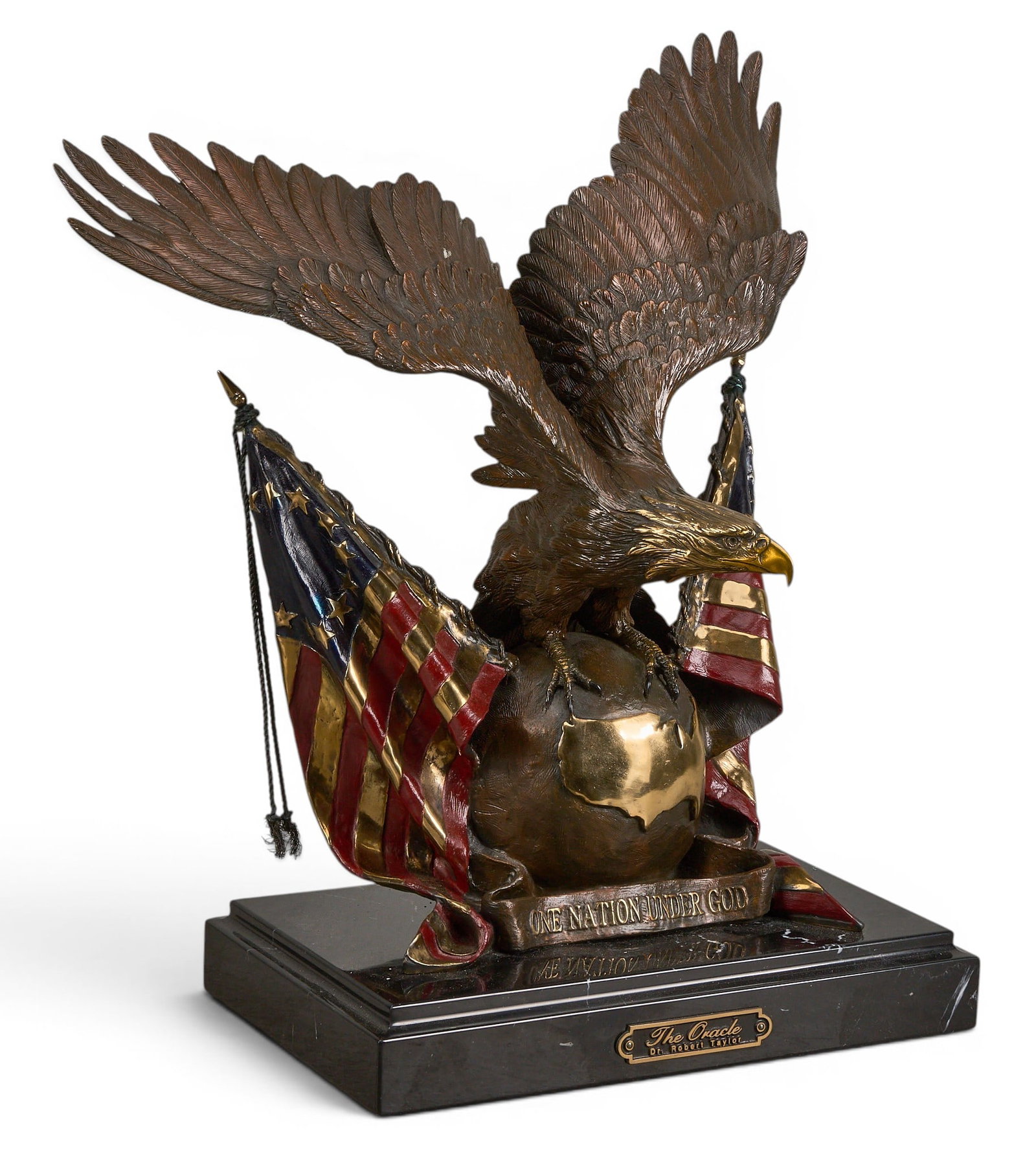 Dr. Robert Taylor, "The Oracle", 85/100: Dr. Robert R. Taylor (Colorado / Texas, 1951-2024), "The Oracle: One Nation Under God", artist-cast bronze sculpture on wooden base, incised signature, edition number 85/100, and date,