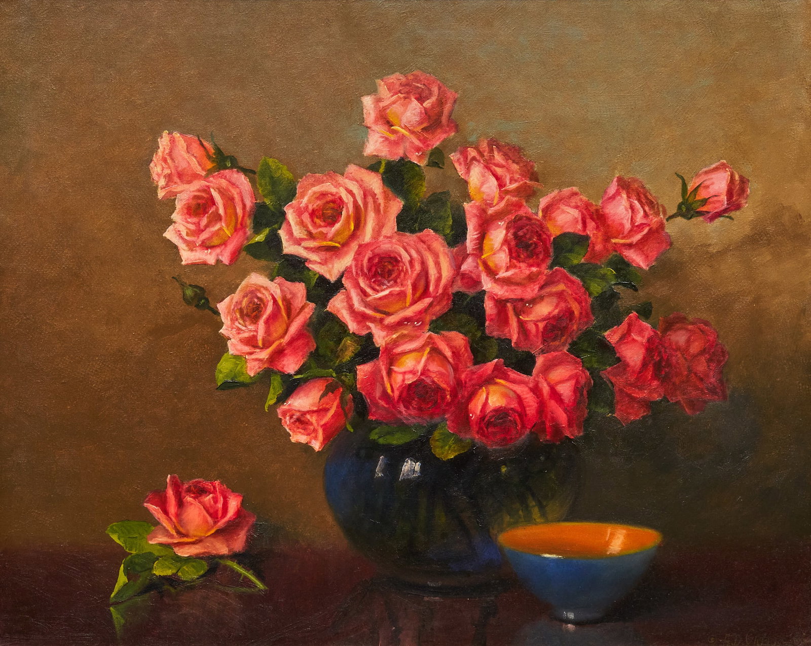 A. D. Greer, Still Life with Roses: Aubrey Dale Greer (Oklahoma / Texas, 1904-1998), still life with red roses, oil on canvas, signed and dated lower right, 1986 sight: 24 x 30 in., frame: 29.5 x 35.5 in. Provenance: Property from