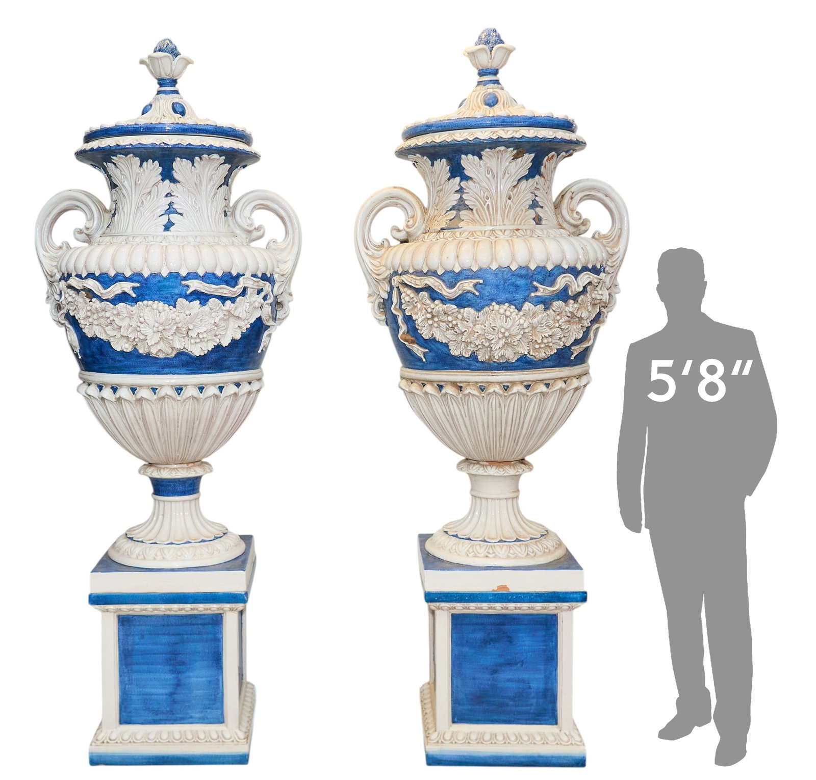 Pair of Monumental Ceramic Urns: Pair of monumental Italian glazed ceramic urns on pedestals height 97 in. x width 38 in. x depth 29 in. / each Provenance: Property from the Estate of Robert A. "Bob" Funk Sr. -