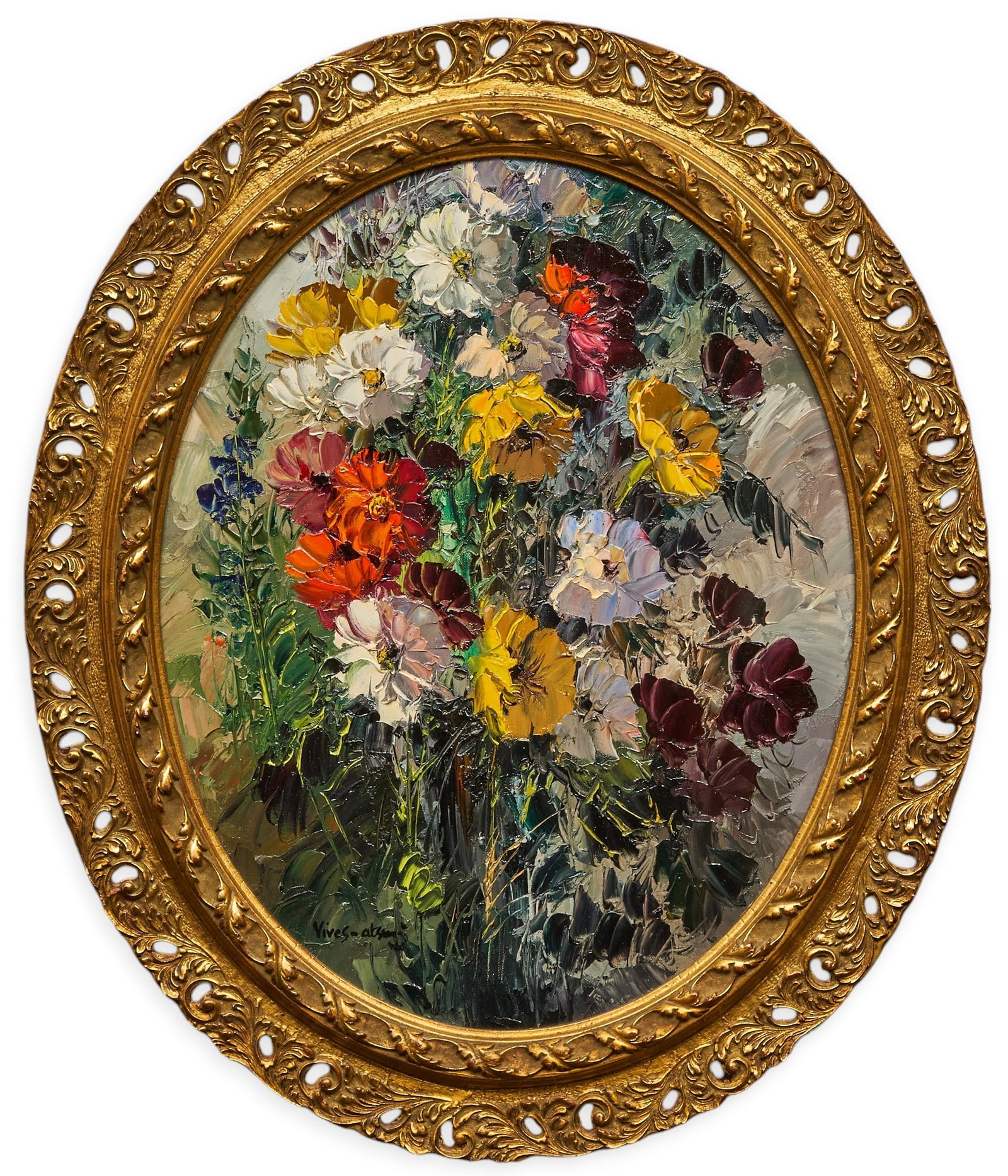 Jose Vives-Atsara, "Flowers": Jose Vives-Atsara (Spain / San Antonio, Texas, 1919-2004), "Flowers", oil on canvas panel, signed lower left, artist's inscription on the verso with title, signature, and