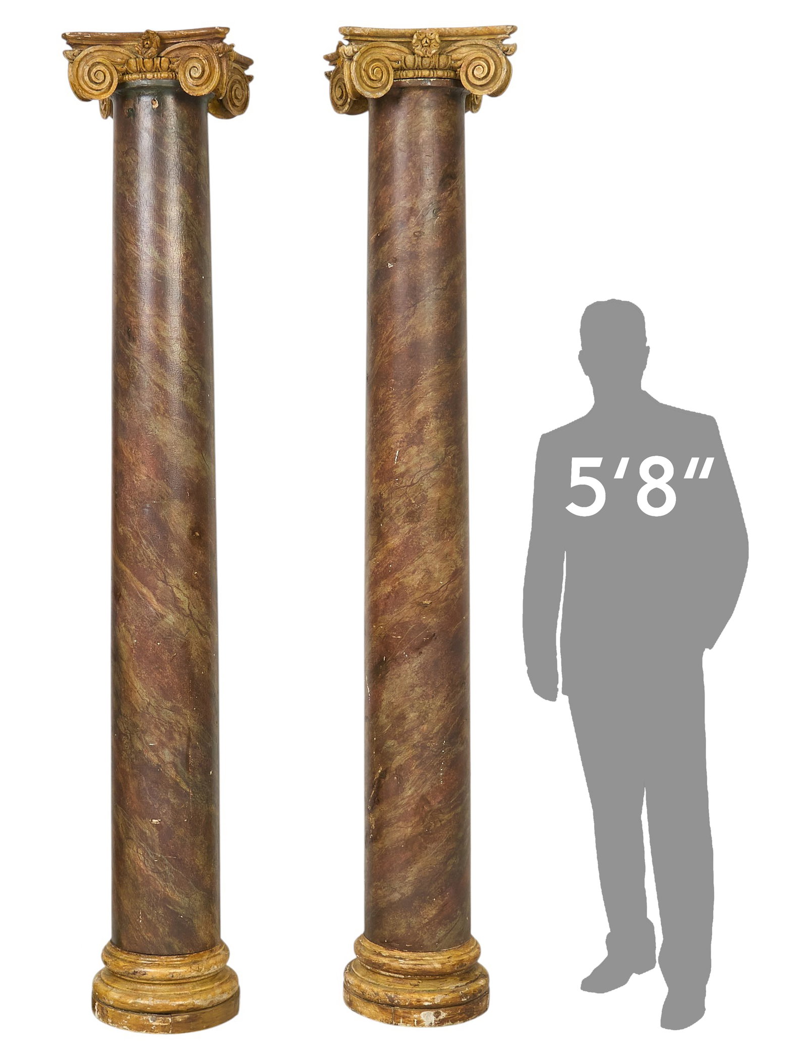 (2) Monumental Art Deco Pillars: Matched pair of Art Deco style monumental eight-foot-tall marble pillars height 95 in. x width 16 in. x depth 16 in. Provenance: Property from the Estate of Robert A. "Bob" Funk