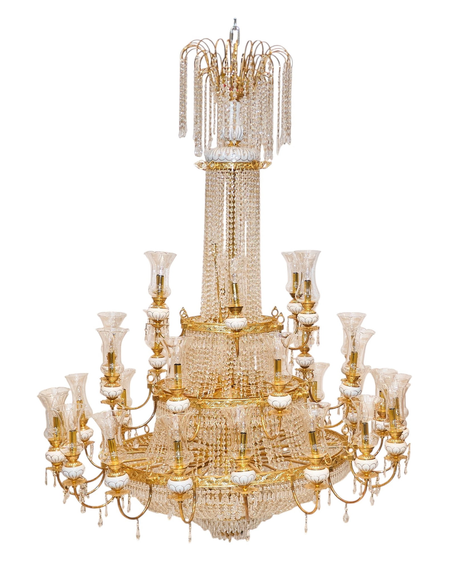 24 Karat Gold Chandelier: Monumental 24 karat gold plate chandelier with Meissen porcelain candelabra and Swarovski crystal details height 80 in. x width 60 in. x depth 60 in. Provenance: Property from the Estate of