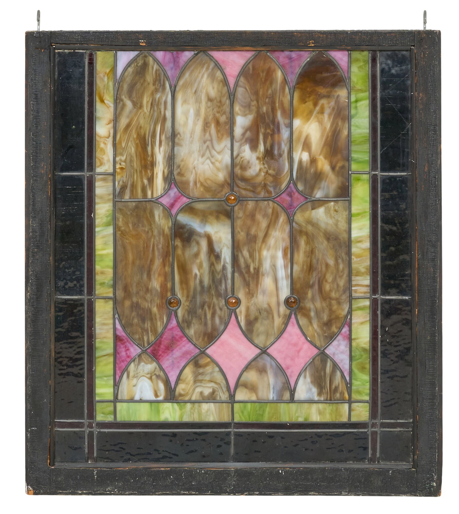 Vintage Slag Glass Panel: Vintage hanging slag glass window frame height 35 in. x width 30 in. x depth 2 in. Provenance: Property from a home in San Antonio, Texas 