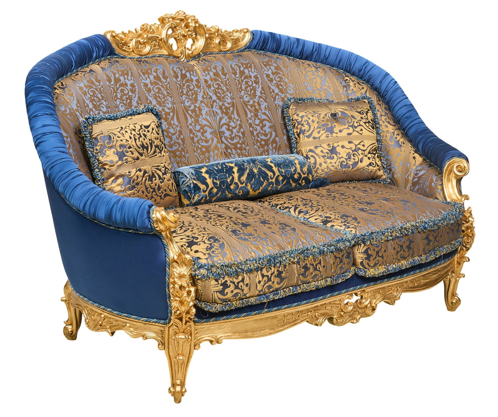 Italian Giltwood Sofa: Ornate Italian sofa with giltwood frame and damask pattern upholstery height 49 in. x width 73 in. x depth 43 in. Provenance: Property from the Estate of Robert A. "Bob" Funk Sr. - tra