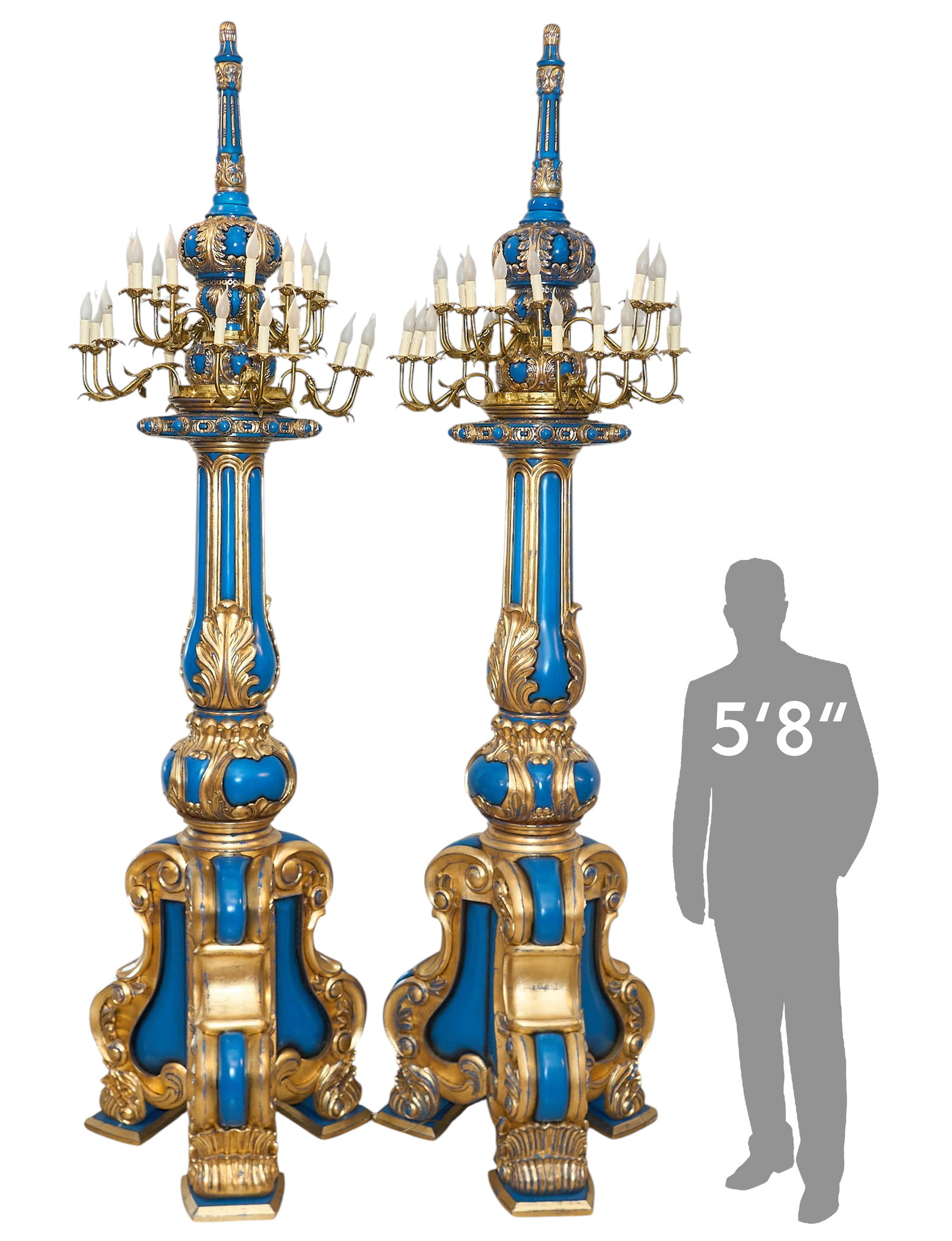 Pair of Monumental Torchieres: Pair of monumental Italian painted wooden torchieres with brass arms, in working condition height 124 in. x width 33 in. x depth 33 in. Provenance: Property from the Estate of Robert A.