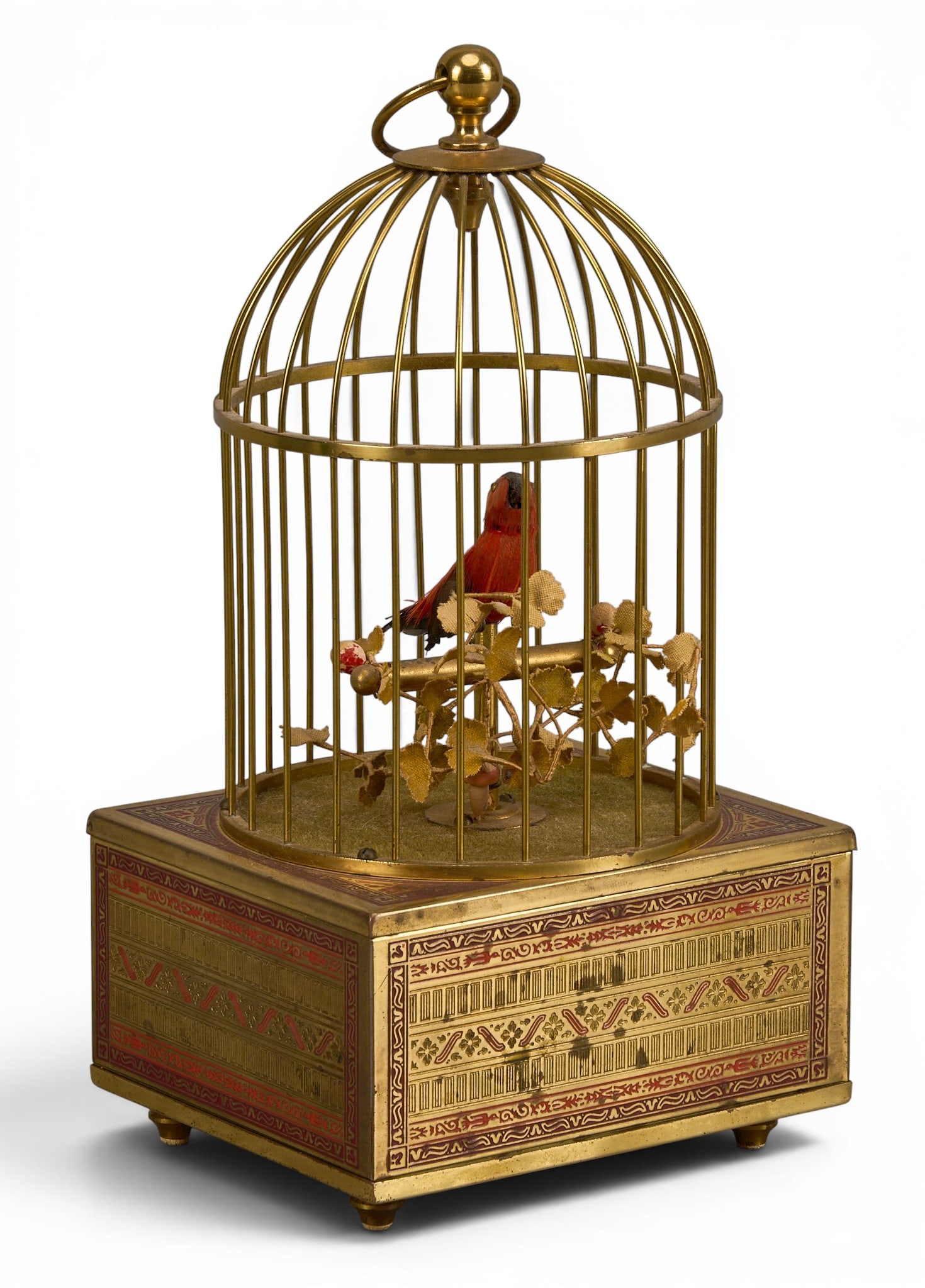19th Century Caged Bird Automaton: Vintage caged singing bird automaton, in working condition, circa 1860 height 9 in. x width 4.75 in. x depth 4 in. Provenance: Property from the personal collection of a long-time Wichita Falls,