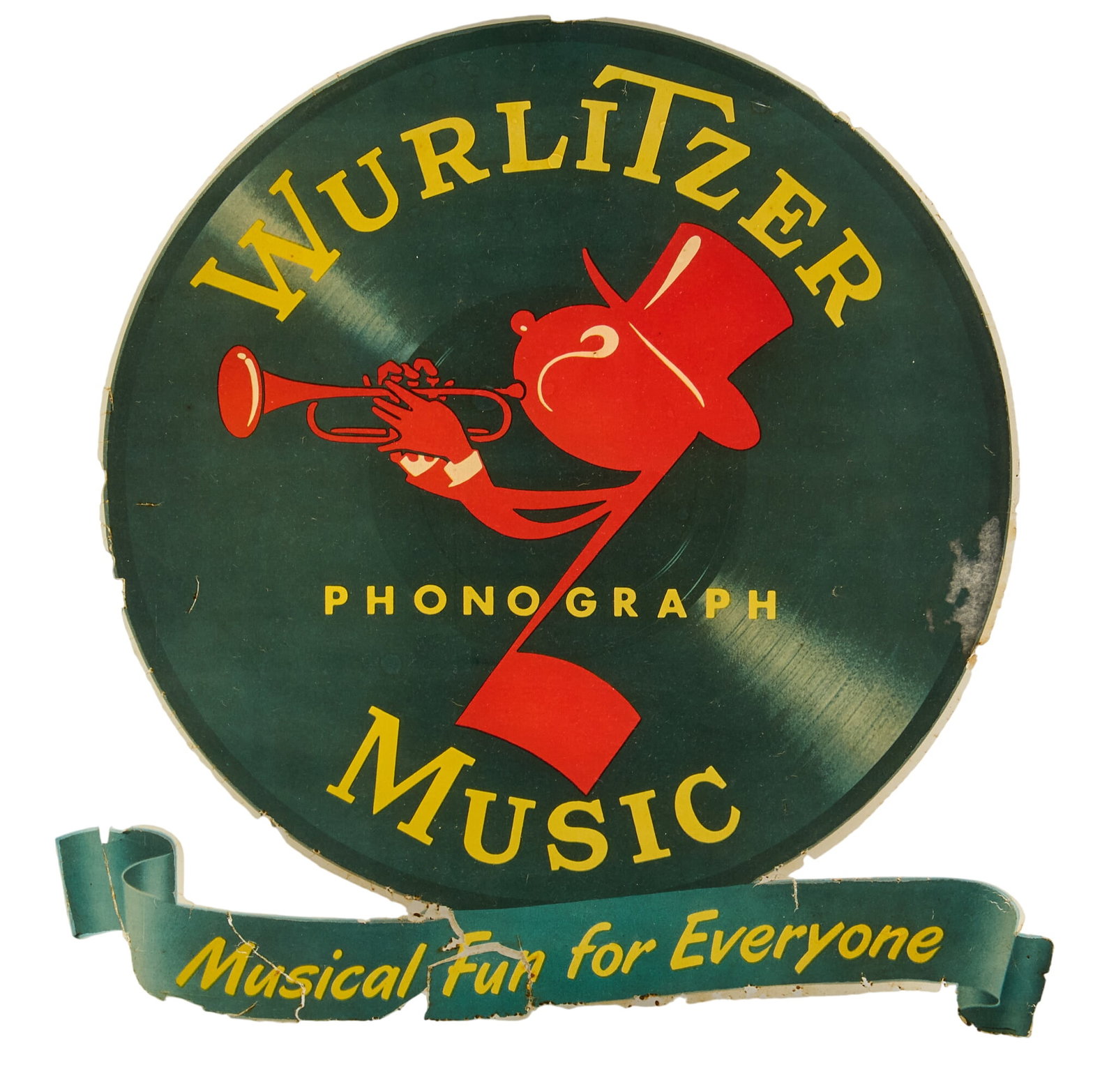 Wurlitzer Music Hanging Glass Sign: Wurlitzer instrument and entertainment company hanging glass sign height 24.5 in. x width 35 in. x depth 4 in. Provenance: Property from a home in Boerne, Texas
