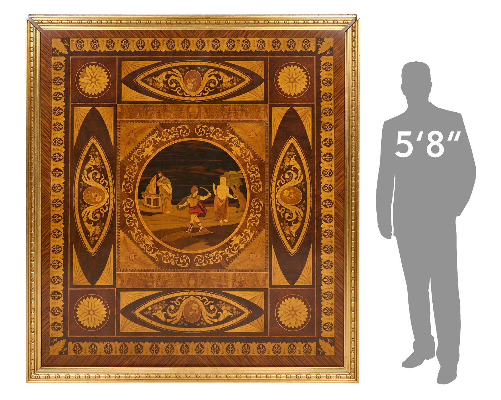 Monumental Marquetry Panel: Monumental marquetry panel with central scene height 79 in. x width 62 in. x depth 3 in. Provenance: Property from the Estate of Robert A. "Bob" Funk Sr. - trailblazing American
