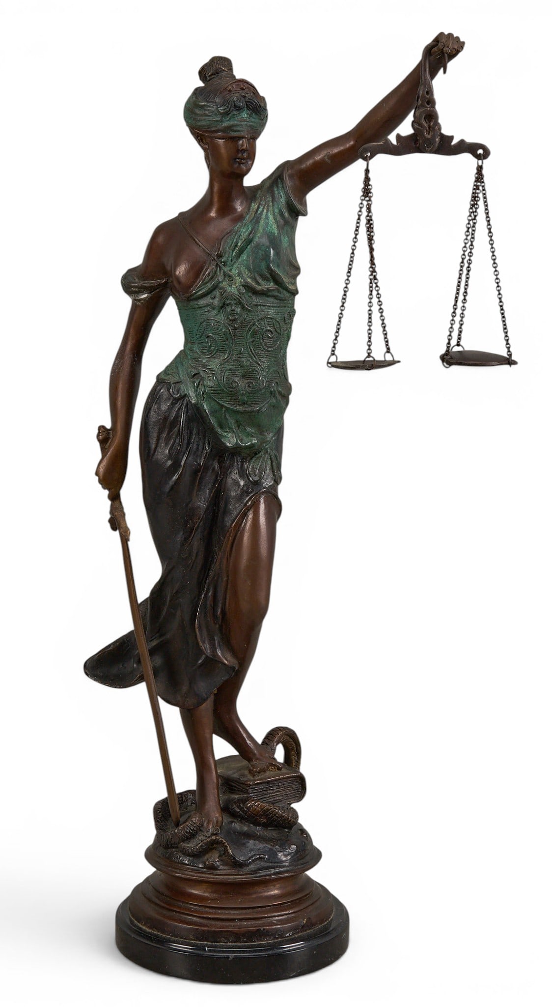 Lady Justice Bronze: Vintage bronze recast depicting Lady Justice holding scales height 21.5 in. x width 7.5 in. x depth 7 in. Provenance: Property from a home in Yorktown, Texas 