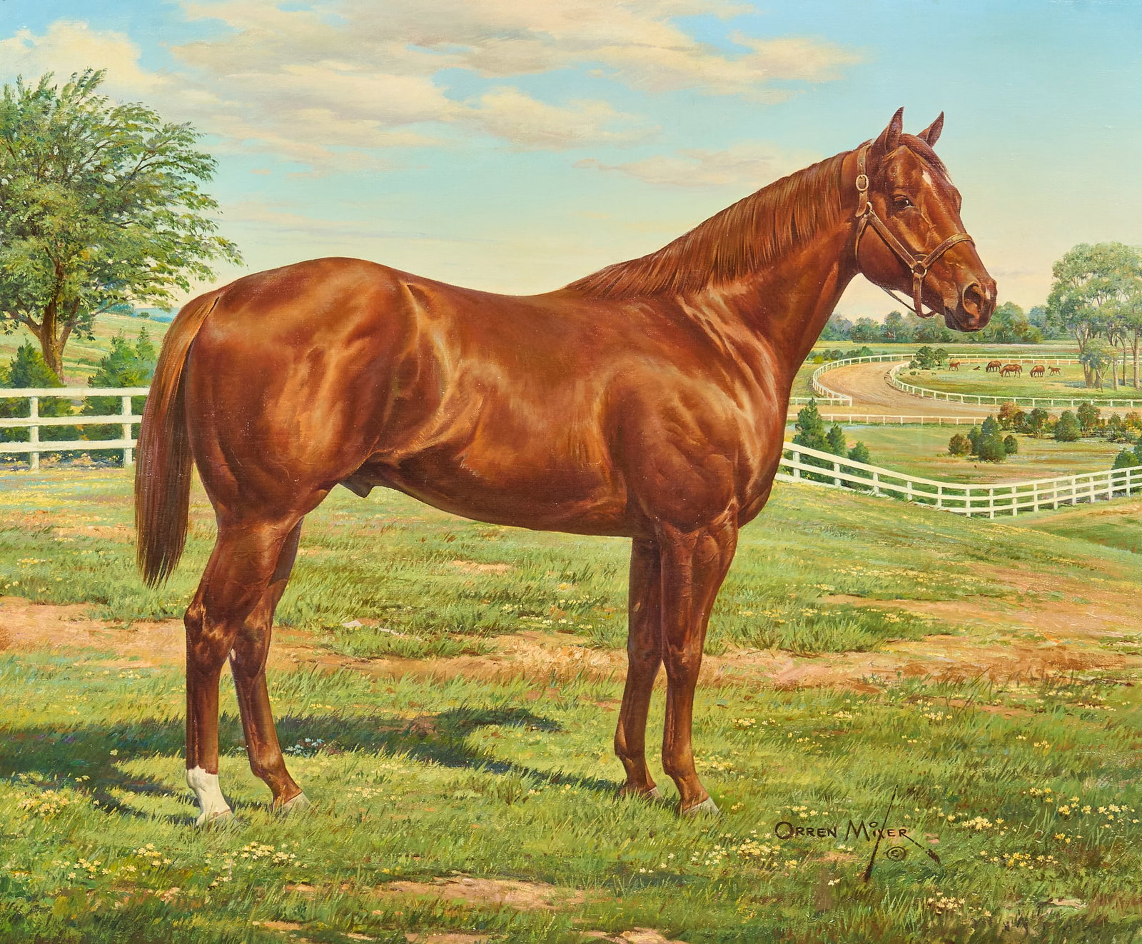 Orren Mixer, Chestnut Horse: Orren Mixer (Oklahoma City, Oklahoma, 1930-2006), equestrian portrait of a chestnut quarter horse in paddock, oil on canvas, signed lower right sight: 30 x 36 in., frame: 36 x 42 in. Provenance: