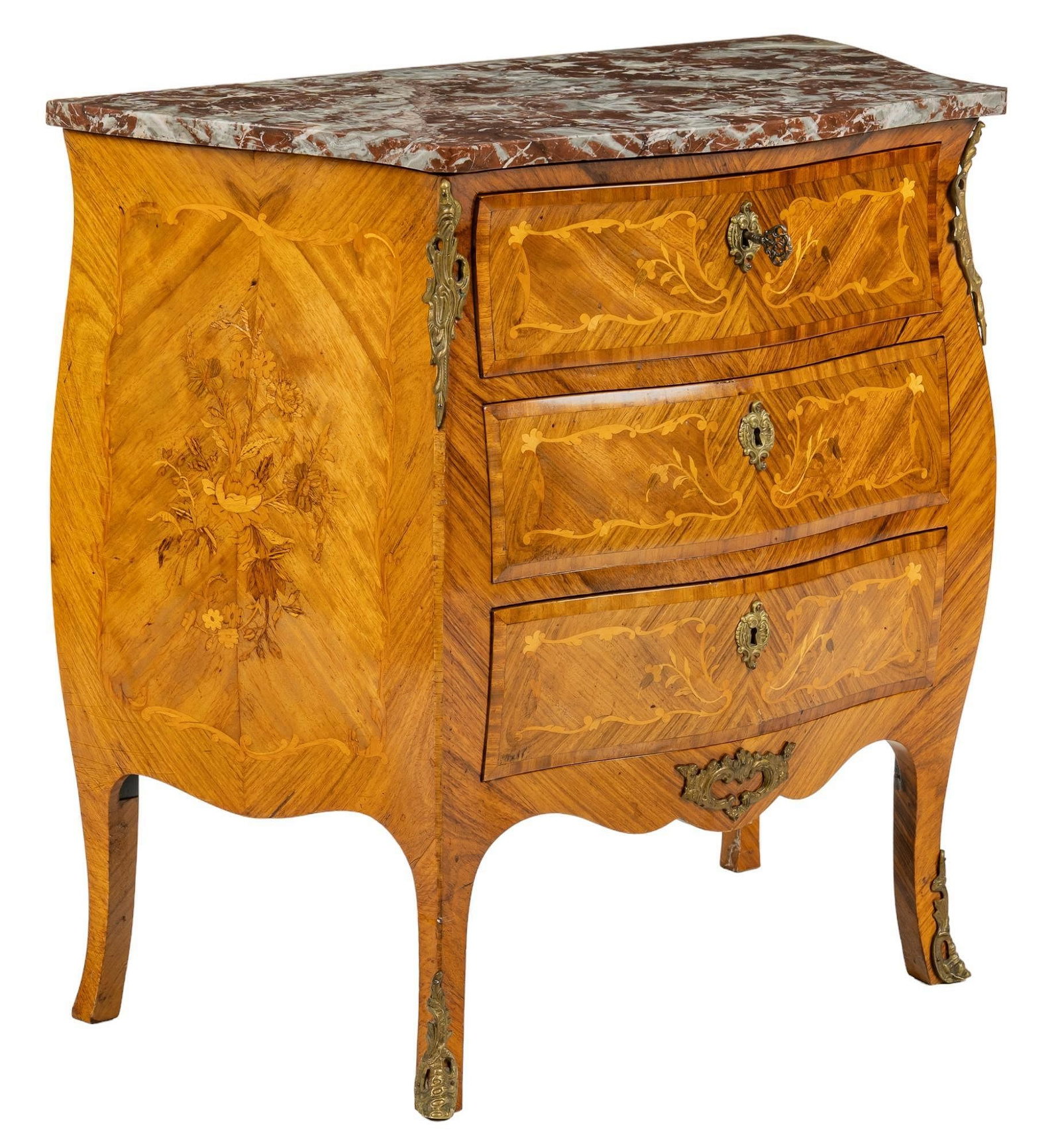 Napoleon III Style Chest of Drawers: Napoleon III style bowfront chest of drawers, with marble top and bookmatch inlay height 30.5 in. x width 32 in. x depth 16.5 in. Provenance: Property from a home in San Antonio, Texas