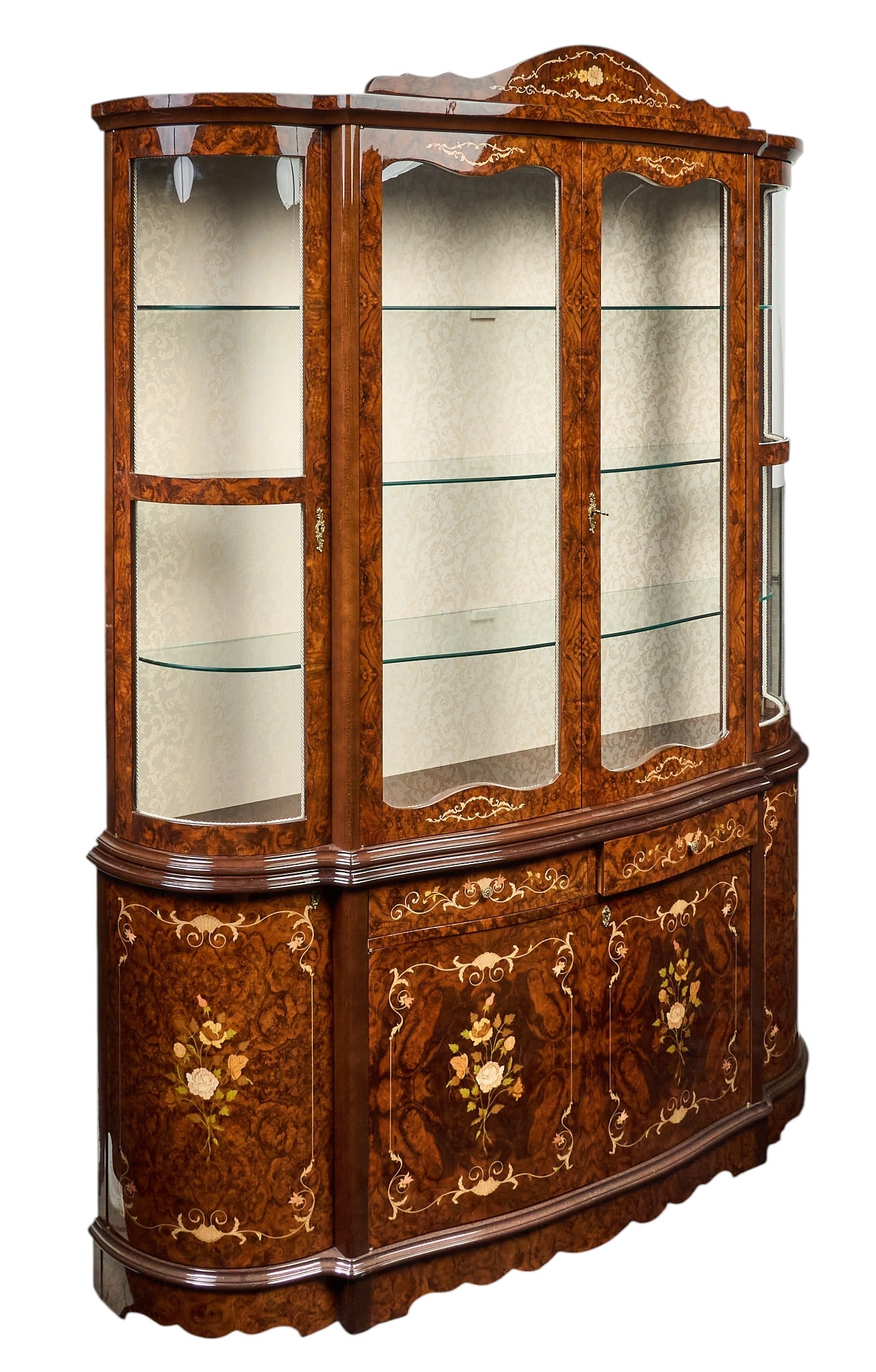 Two-Part Italian Inlaid Cabinet: Marquetry-inlaid, glass-front Italian display cabinet with glass shelves and lower storage height 95 in. x width 71 in. x depth 17 in. 