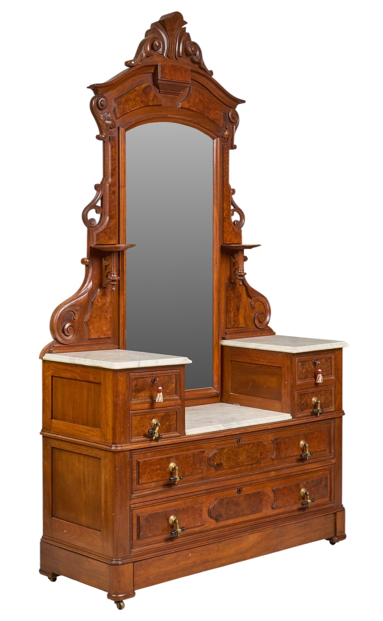 Victorian Marble Top Dresser: Victorian marble top wooden dresser with mirror and six drawers height 88 in. x width 51 in. x depth 19 in. Provenance: Property from a home in Boerne, TX