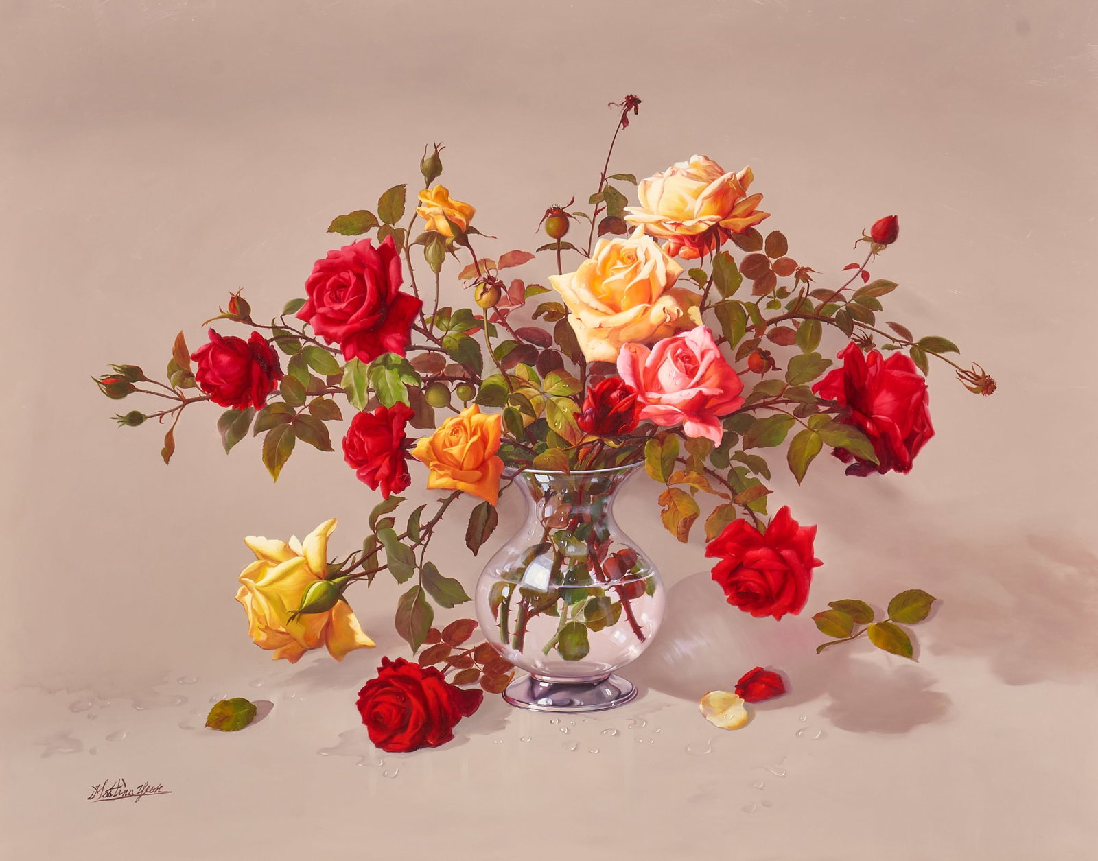 Martina Yeon, Vase of Flowers: Martina Yeon (Korea, b. 1962), still life with vase of roses, oil on canvas, signed lower left, signed again and dated on the verso, 2007 sight: 28 x 36 in., frame: 40 x 47 in. Provenance: Proper