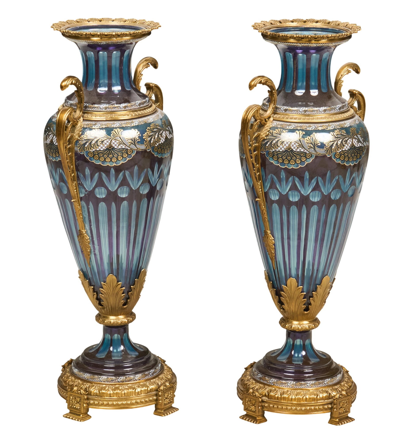 Pair of Ornate Vases: Pair of ornate blue glass vases with gilt-brass mountings height 30 in. x width 13 in. x depth 10 in. / each Provenance: Property from the Estate of Robert A. "Bob" Funk Sr. -