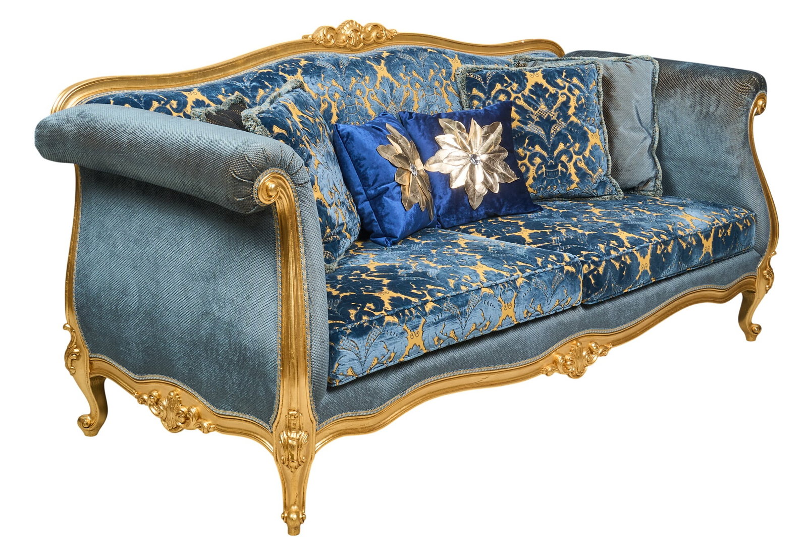 Upholstered Blue Sofa: Blue fabric upholstered sofa, with giltwood frame featuring scrolled armrests and foliate motifs, featuring decorative throw pillows, on cabriole legs height 42 in. x width 89 in. x depth 38 in.