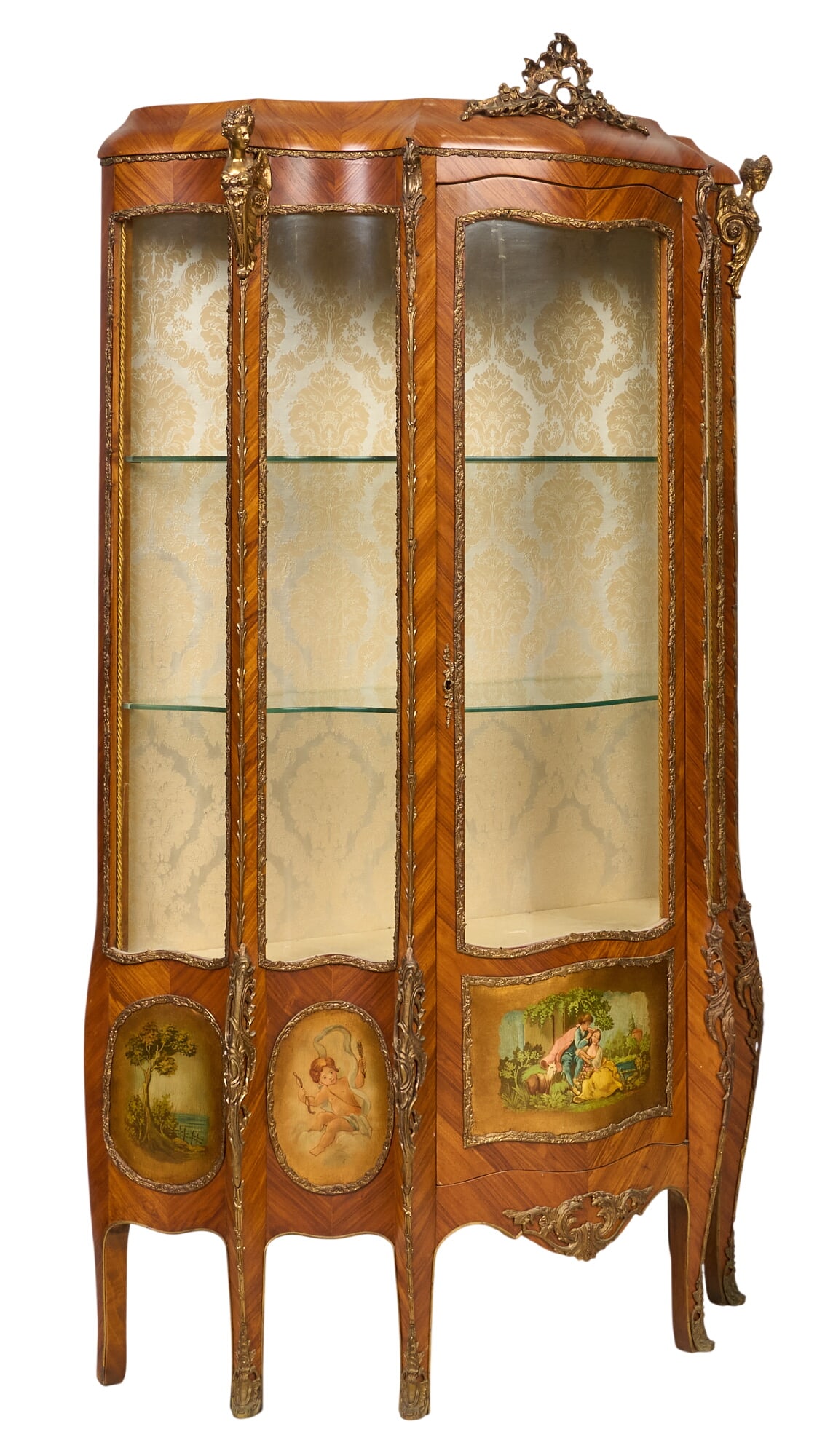 Italian Display Case: Vintage French Vernis martin vitrine with glass shelves and brass mountings height 83 in. x width 48 in. x depth 20 in. Provenance: Property from a home in San Antonio, Texas