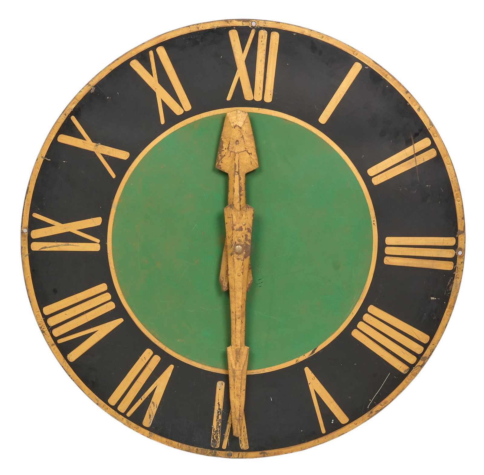 Large Vintage Clock Face: Large painted metal clock display, decorative only, does not keep time diameter 45.5 in x 5 in Provenance: Property from a home in Rockport, Texas