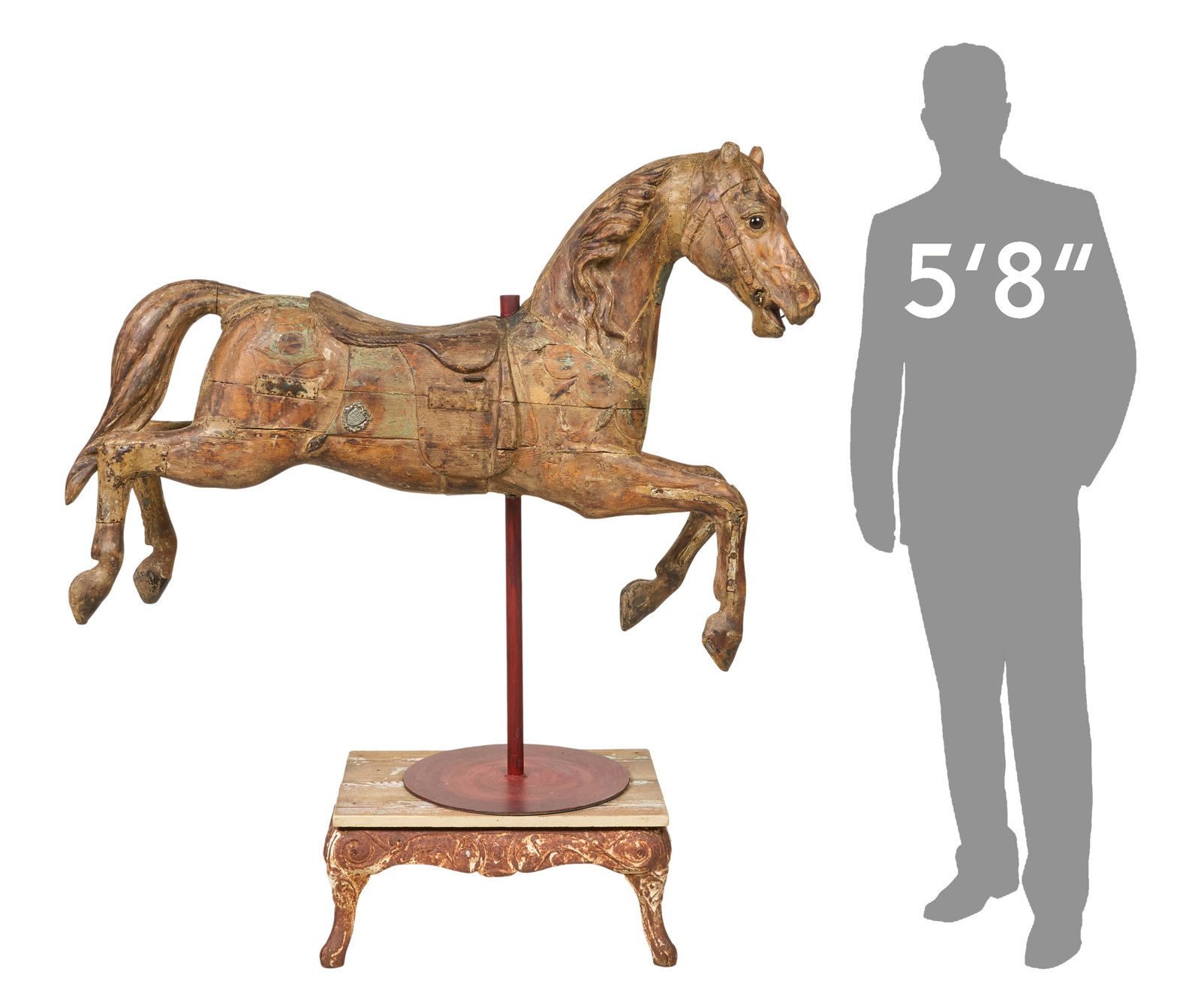 Antique Bayol Carousel Horse with Stand: Antique Bayol polychrome wooden carousel hose with stand, marked on side, circa early 20th century height 62 in. x width 58 in. x depth 20 in. Provenance: Property from a home in San Antonio,