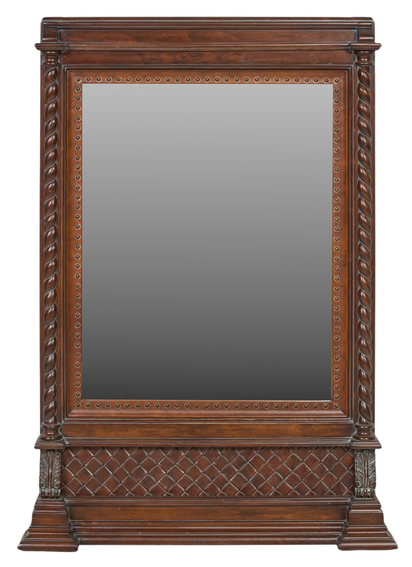 Large Barley Twist Mirror: Four-foot-tall mirror with carved barley twist details height 53 in. x width 38 in. x depth 5 in. Provenance: Property from the Estate of Robert A. "Bob" Funk Sr. - trailblazing