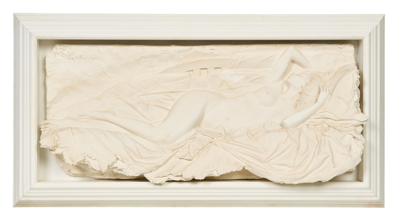 Bill Mack, "Tranquility": Bill Mack (American, b.1949) Tranquility, bonded sand relief in frame depicting reclining female nude height 40.5 in. x width 77 in. x depth 8 in. Provenance: Property from the Estate of Robert