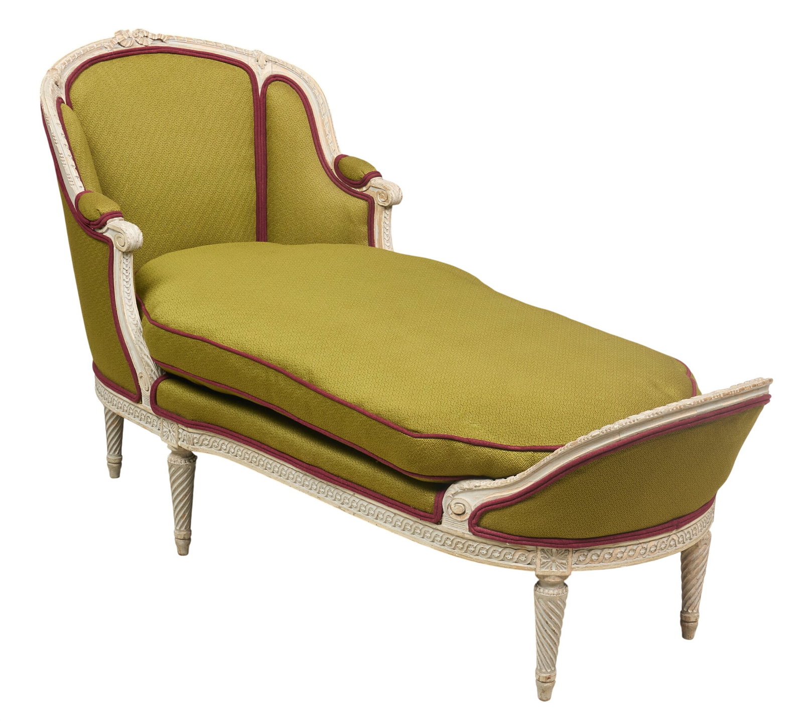 Vintage Louis XVI Style Chaise: Vintage Louis XVI style chaise lounge with painted wooden frame, and olive green upholstery with dark pink piping height 38 in. x width 69 in. x depth 28 in. Provenance: Property from a home in