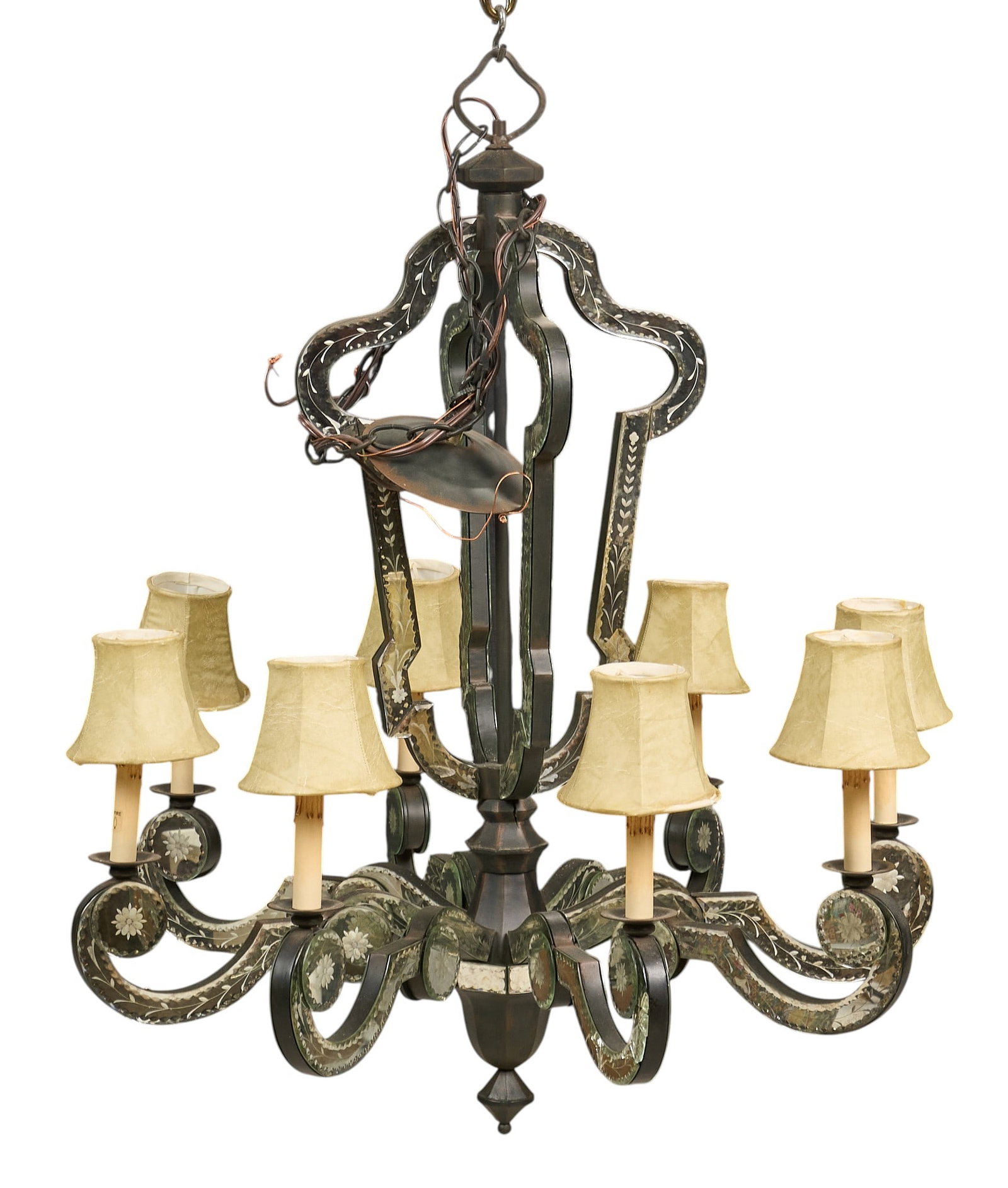 Mirrored Venetian Chandelier: Chandelier with Venetian mirror decoration height 36 in. x width 32 in. x depth 30 in. Provenance: Property from a home in San Antonio, Texas
