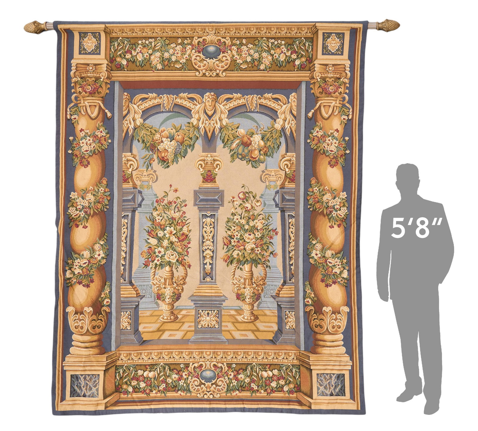 French Aubusson Style Tapestry: French Aubusson style tapestry with floral and architectural motifs with hanging rod 9 ft. x 7 ft. 1 in. Provenance: Property from the Estate of Robert A. "Bob" Funk Sr. -