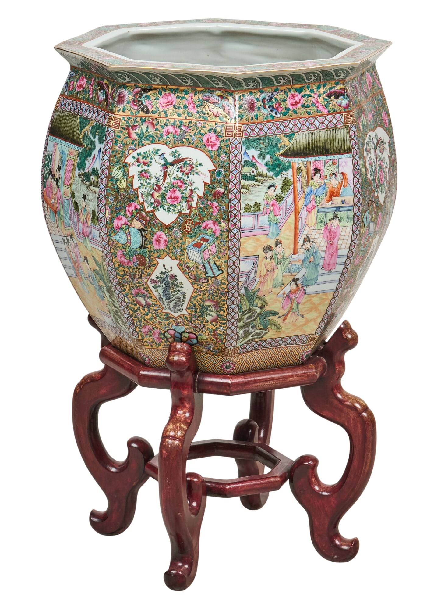 Chinese Famille Rose Fish Bowl: Vintage Chinese Famille rose porcelain fish bowl decorated with figural and floral motifs, includes rosewood base height 19 in. x width 19 in. x depth 19 in. / vase only height 32 in. x width